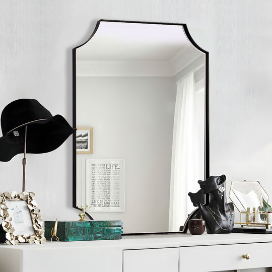 Contemporary  Notched Corner Scalloped  Rectangle Bathroom Wall Mirror | Stainless Steel Frame