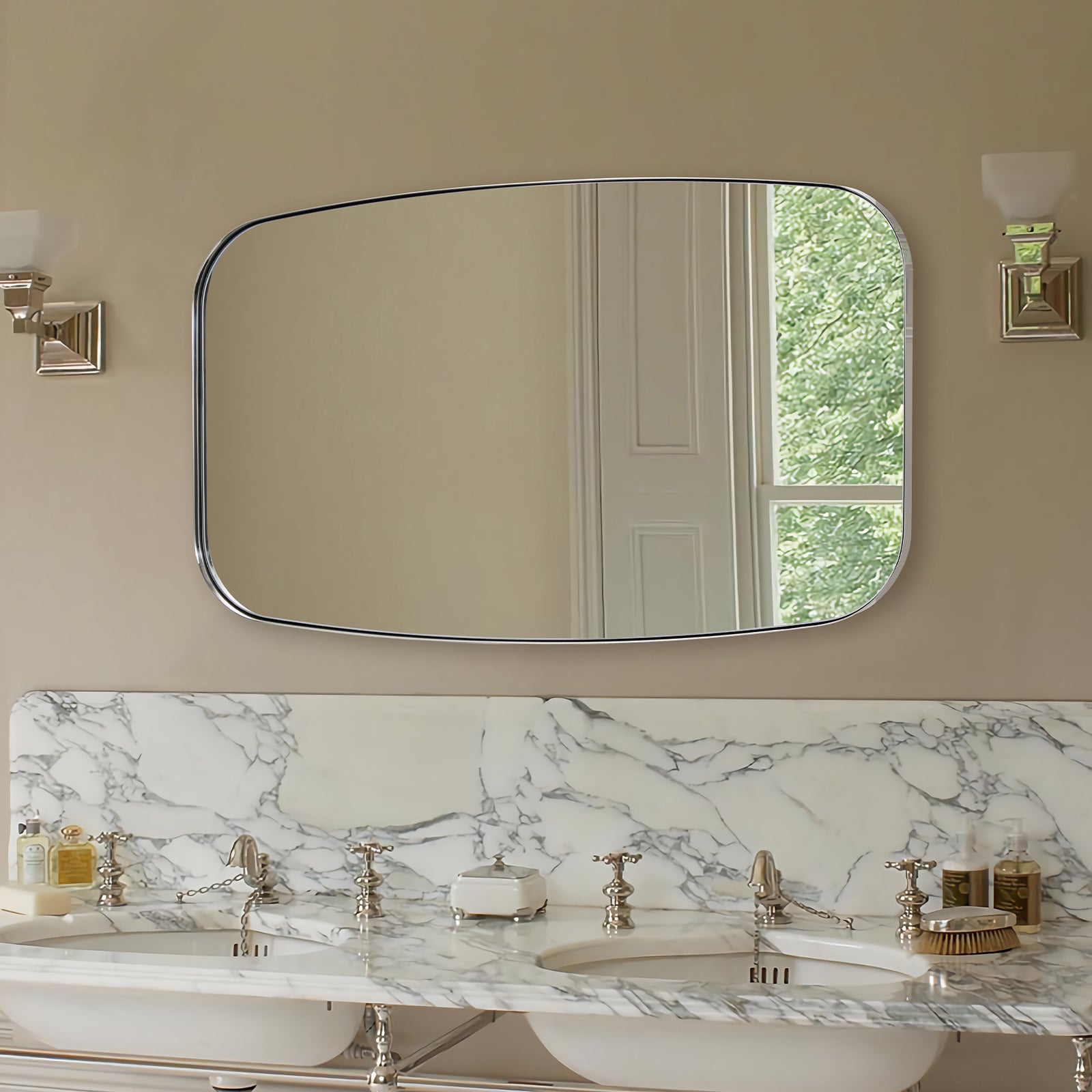 Modern Oblong Bathroom Mirror Long Oval Mirror with Stainless Steel Frame