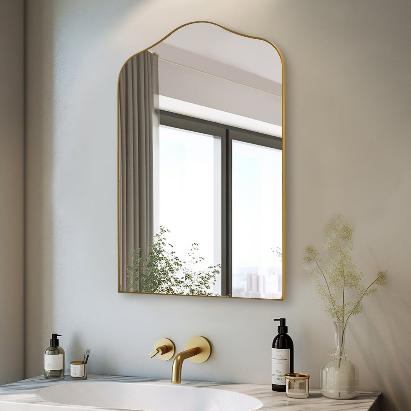 Modern Scalloped Decorative Arch Irregular Mirror for Bathroom / Wall | Stainless Steel Frame