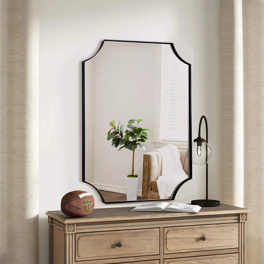 Contemporary  Notched Corner Scalloped  Rectangle Bathroom Wall Mirror | Stainless Steel Frame