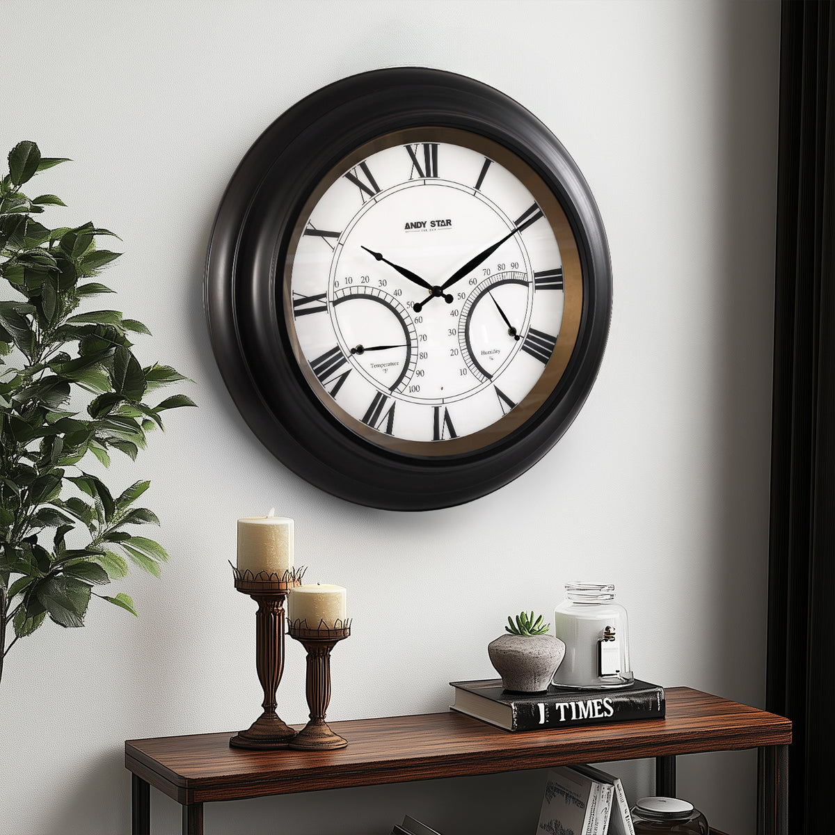 24 Inch Black Waterproof Large Outdoor Wall Clock with Thermometer