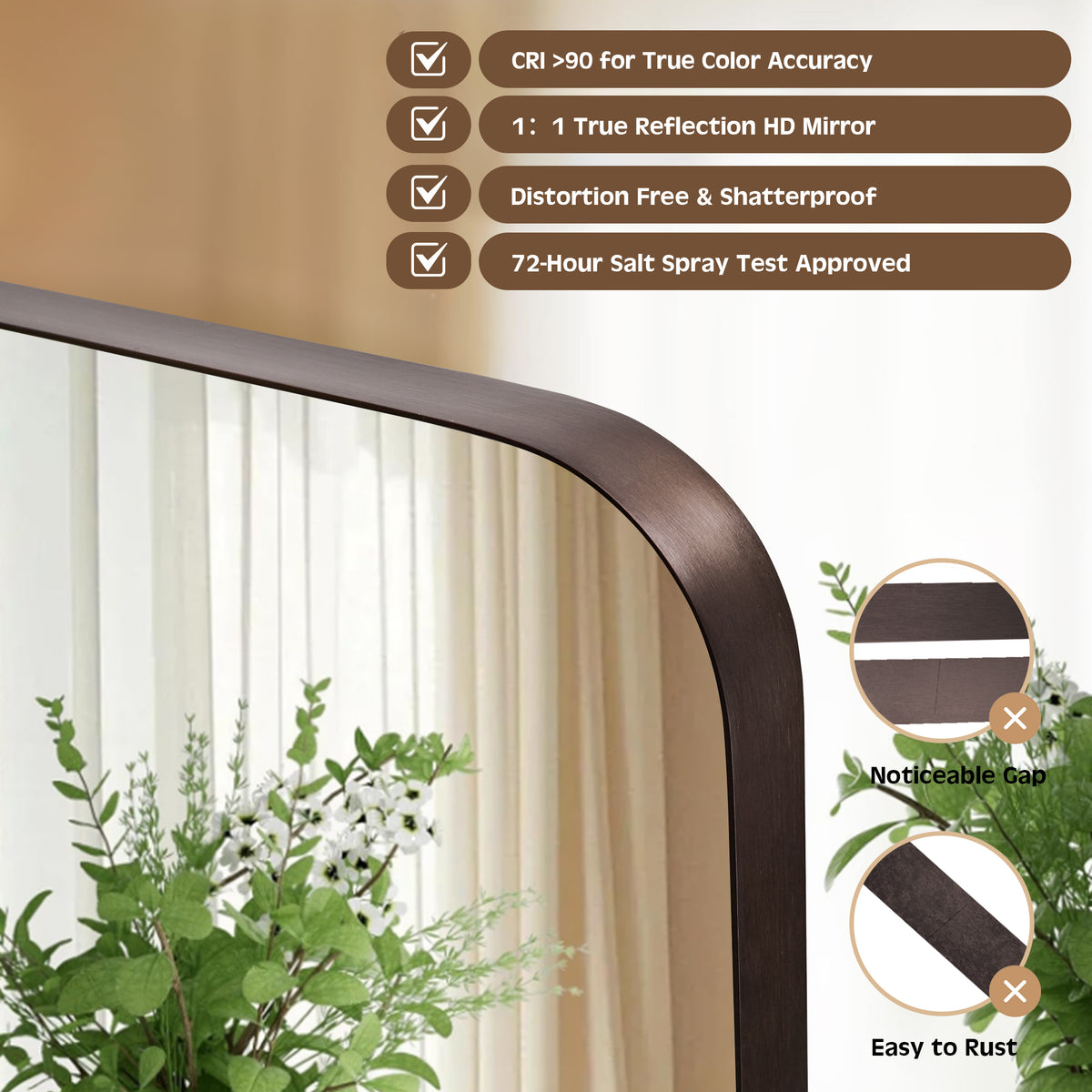 Modern Rounded Rectangle Mirror for Bathroom/ Vanity/ Wall | Stainless Steel Frame