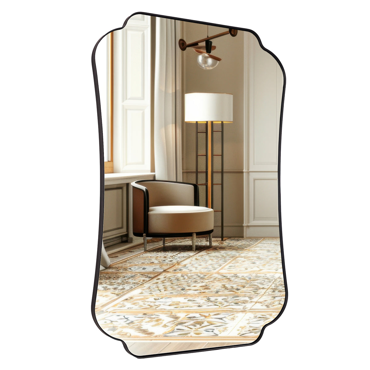 Contemporary Cut Corner Concave Edge Scalloped Bathroom Mirror | Stainless Steel Frame