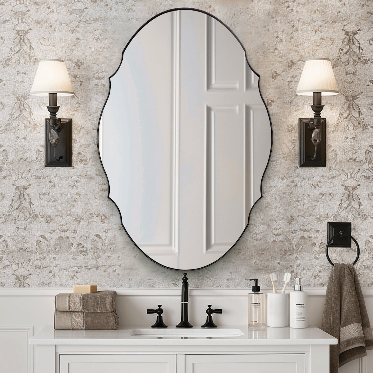 Contemporary Oval Scalloped Wall Mirror Irregular Bathroom Vanity Mirror| Stainless Steel Frame