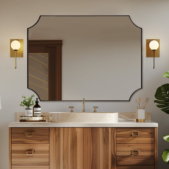 Contemporary  Rounded Notched Corner Scalloped  Rectangle Bathroom Vanity Mirror | Stainless Steel Frame