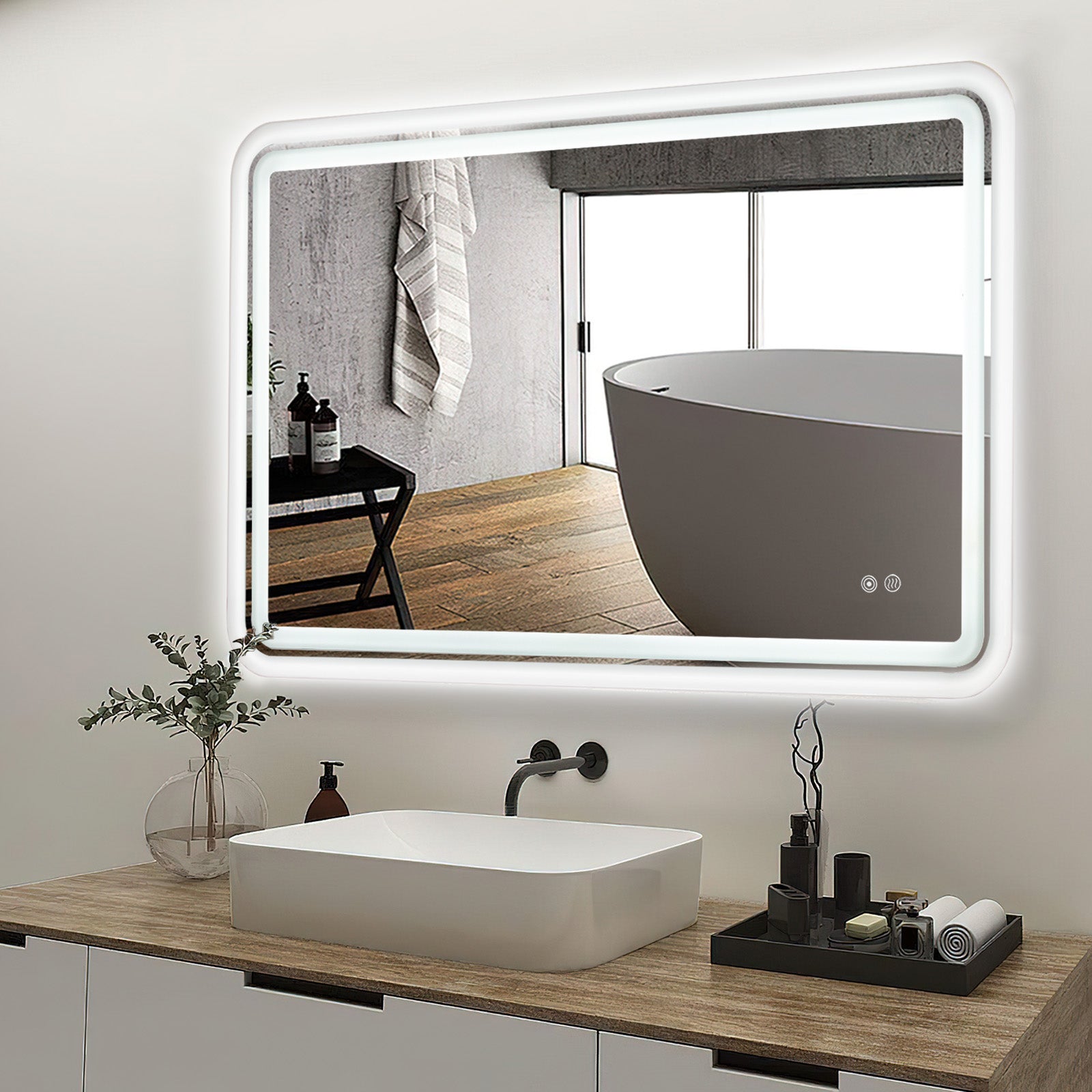 White Framed LED Bathroom Mirror with Lights, Dual Front& Back Lights, Defogging