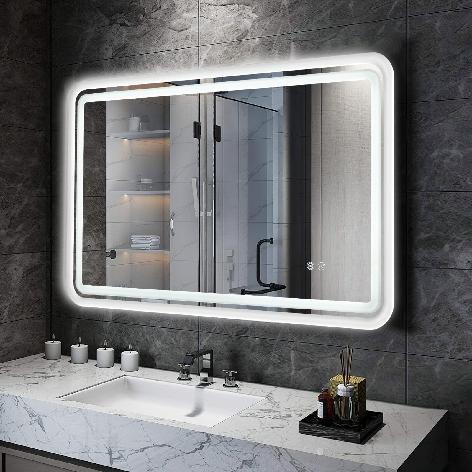 White Framed LED Bathroom Mirror with Lights, Anti-Fog, Dimmable, Backlit + Front Lit, Lighted Bathroom Vanity Mirror for Wall, Memory Function