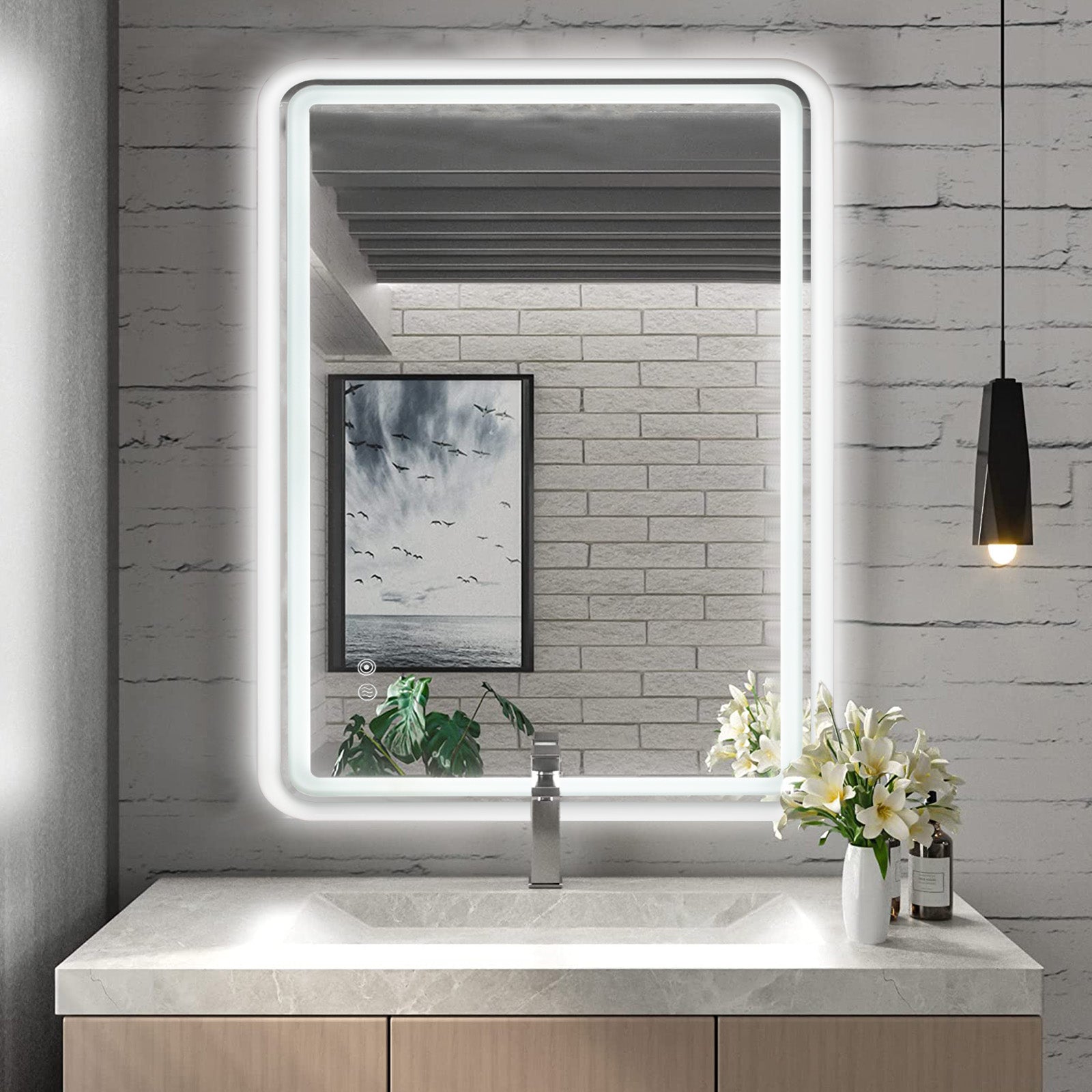 White Framed LED Bathroom Mirror with Lights, Anti-Fog, Dimmable, Backlit + Front Lit, Lighted Bathroom Vanity Mirror for Wall, Memory Function