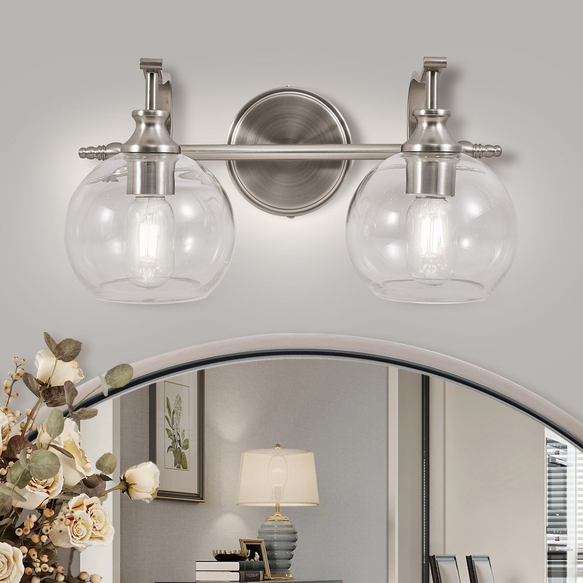 Modern Metal Crank Frame Clear Globe Glass Shade Wall Sconces for Bathroom, Living Room