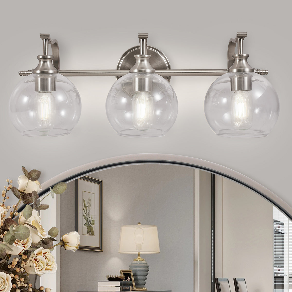 Modern Metal Crank Frame Clear Globe Glass Shade Wall Sconces for Bathroom, Living Room