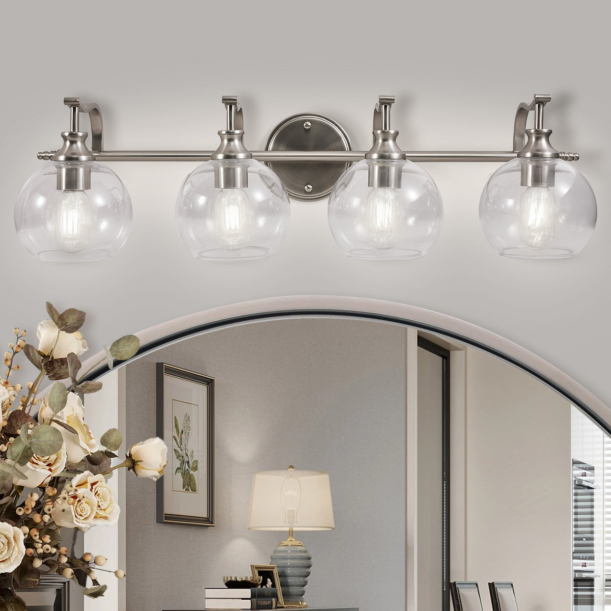 Modern Metal Crank Frame Clear Globe Glass Shade Wall Sconces for Bathroom, Living Room