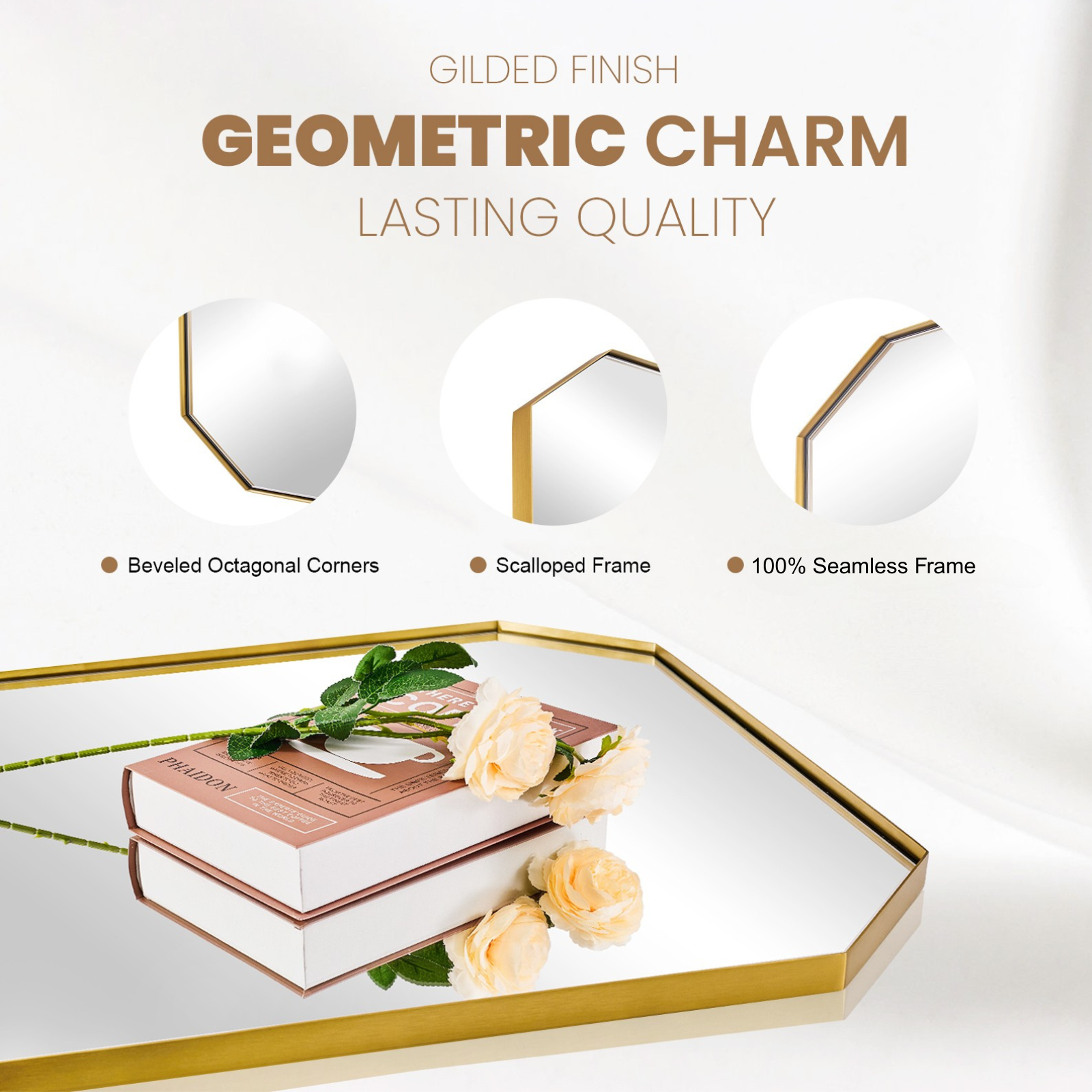 Contemporary Cut Corner Octagonal Scalloped Rectangle Mirror for Bathroom  |Stainless Steel Frame
