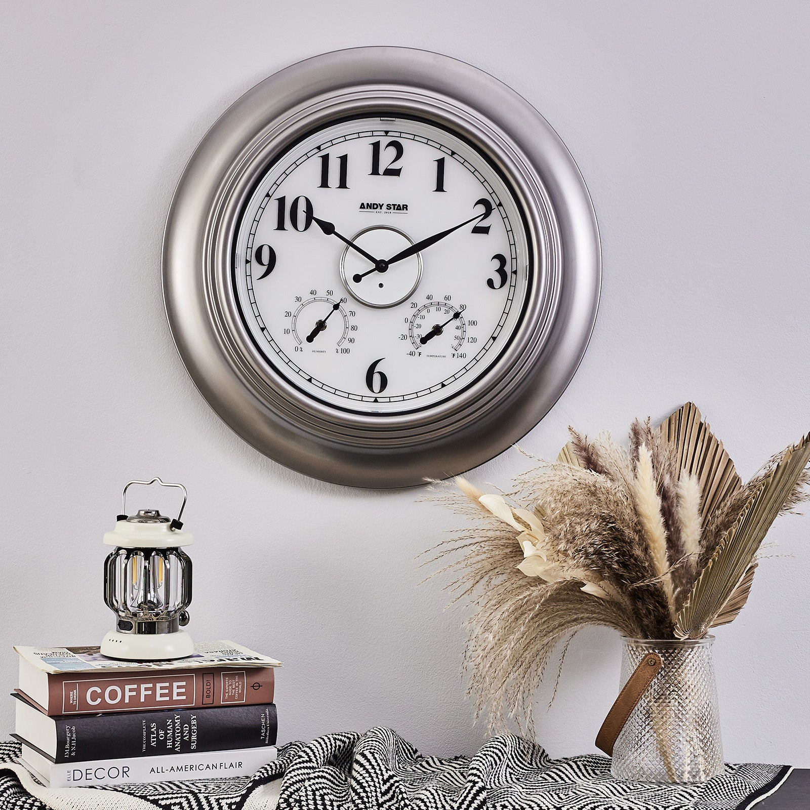 Modern Smart Illuminated Outdoor Wall Clock with Thermometer Weatherproof | Silver,21 inch