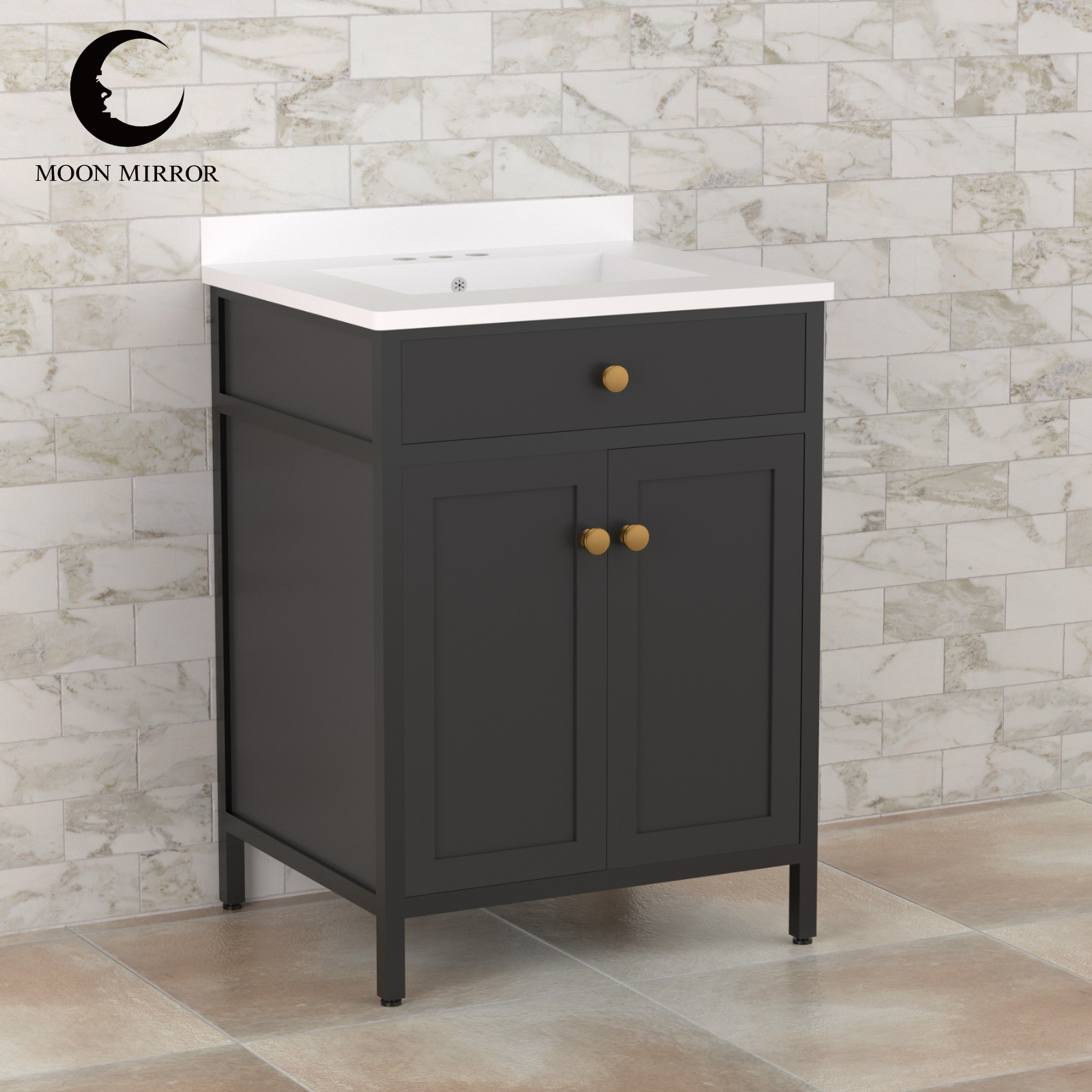 MOON MIRROR Contemporary Bathroom Vanity with Marble Countertop