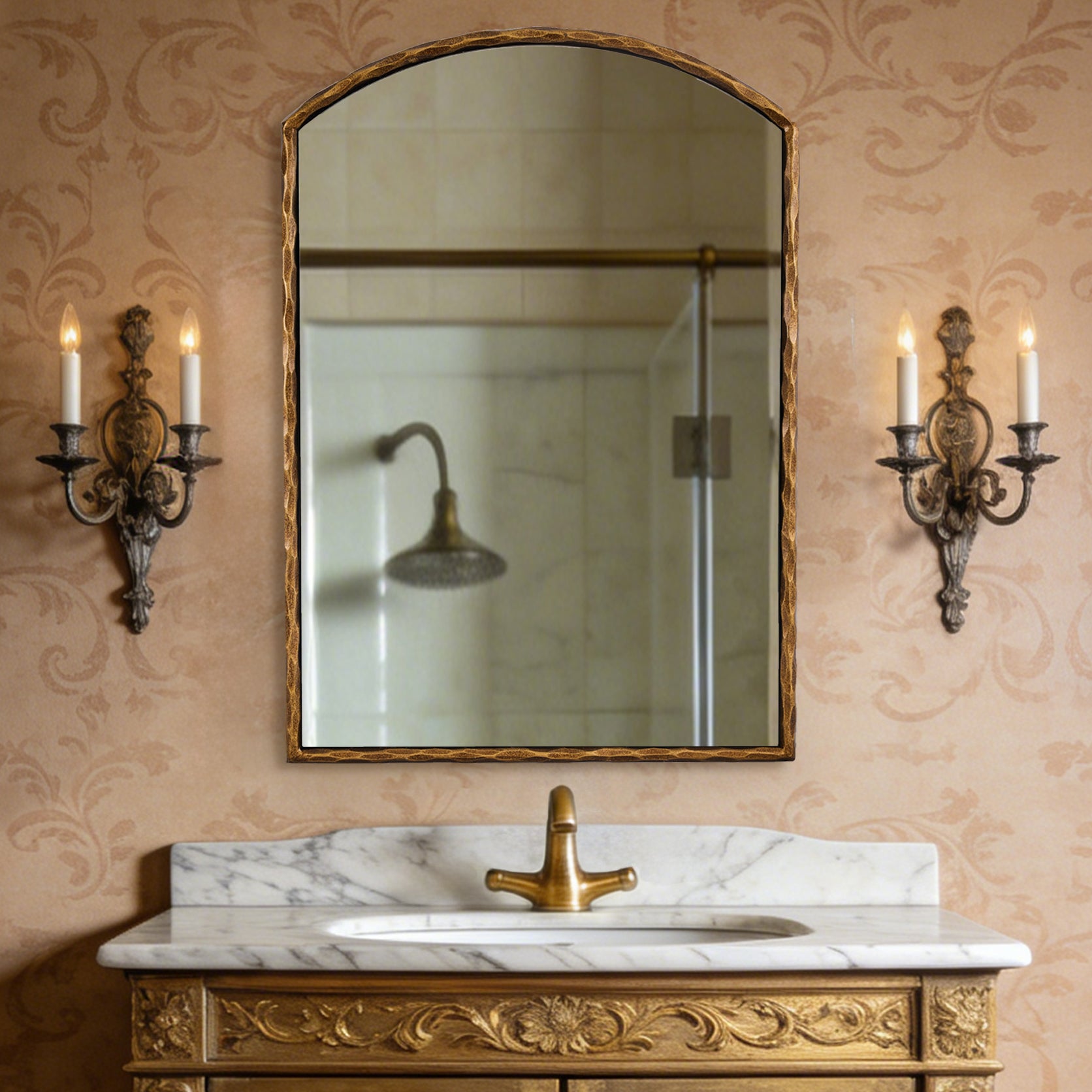 Vintage Hand-Forged Arched Mirror Hammered Wrought Iron Bathroom Mirror