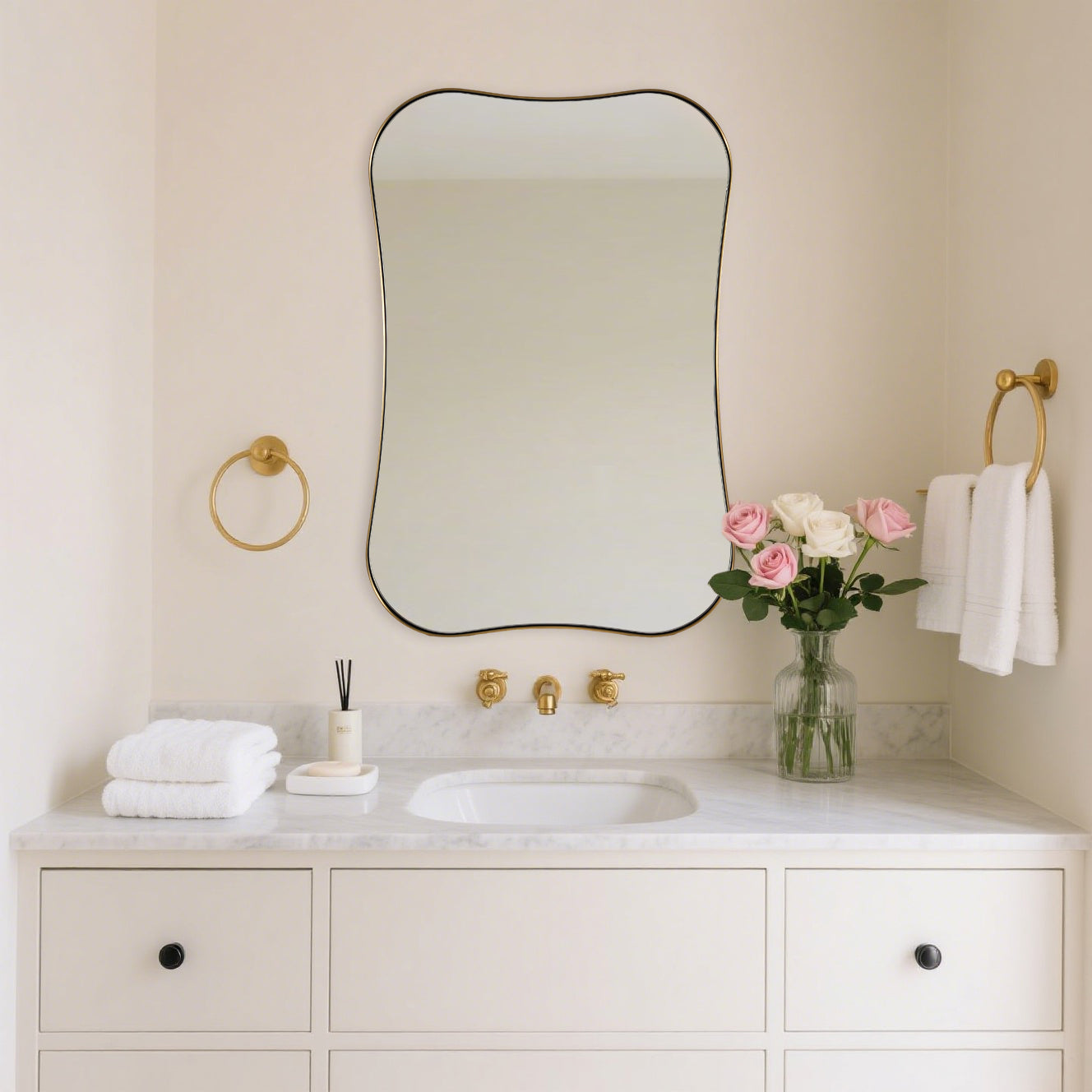 Contemporary Dual  Concave Edge Rouded Scalloped Rectangle Wall Mirror | Stainless Steel Frame