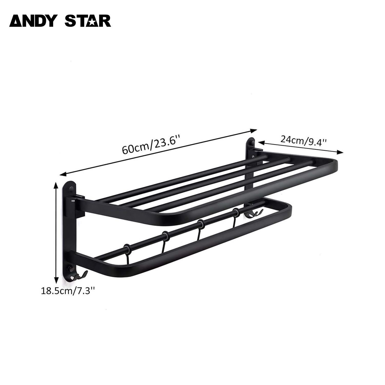 ANDY STAR Bathroom Lavatory Towel Rack, 23.6 Inch SUS 304 Stainless Steel Matte Black Towel Rack with Moveable Hooks Wall Mounted