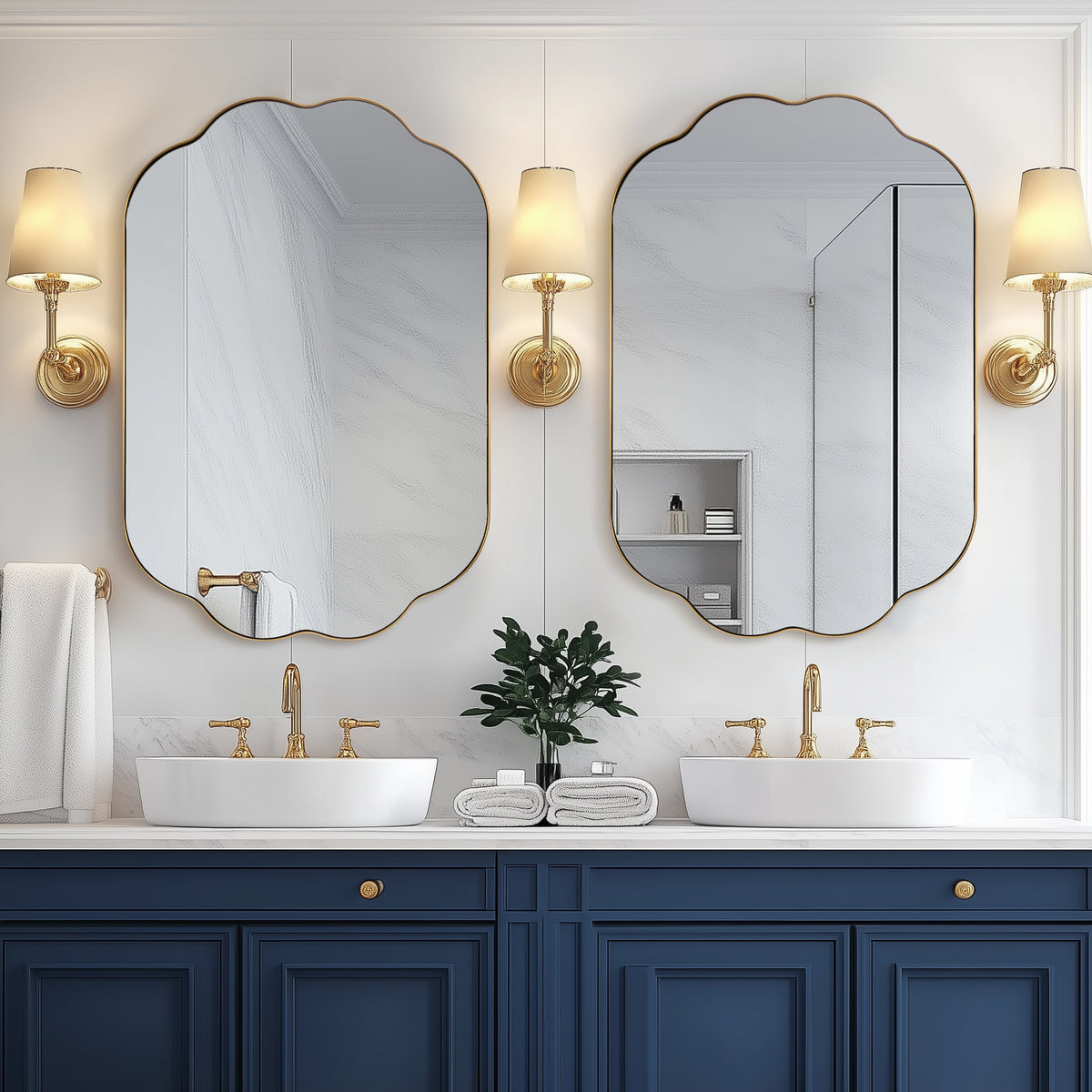 Contemporary Pill Shaped Long Oval Scalloped Bathroom Vanity Wall Mirror| Stainless Steel Framed