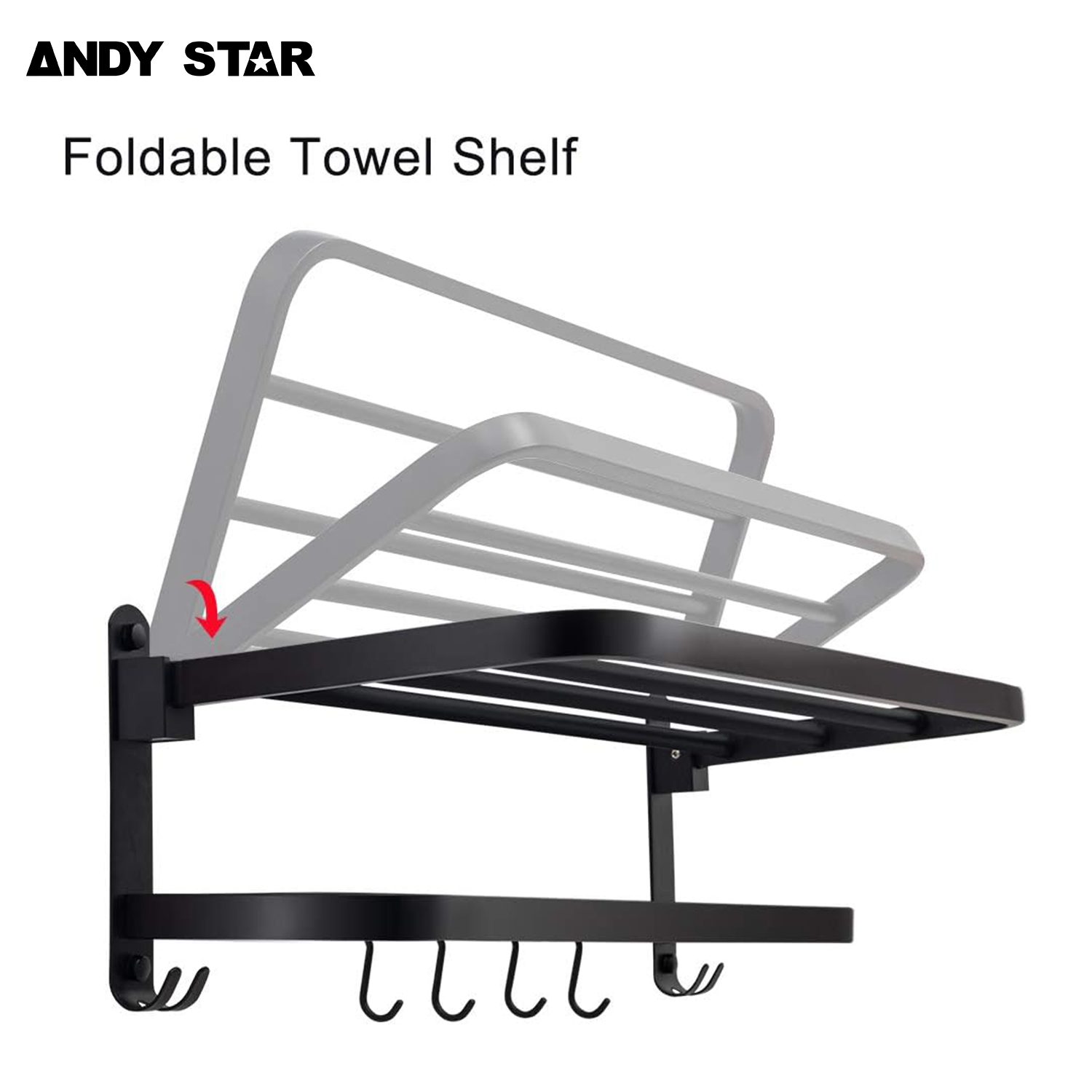 ANDY STAR Bathroom Lavatory Towel Rack, 23.6 Inch SUS 304 Stainless Steel Matte Black Towel Rack with Moveable Hooks Wall Mounted