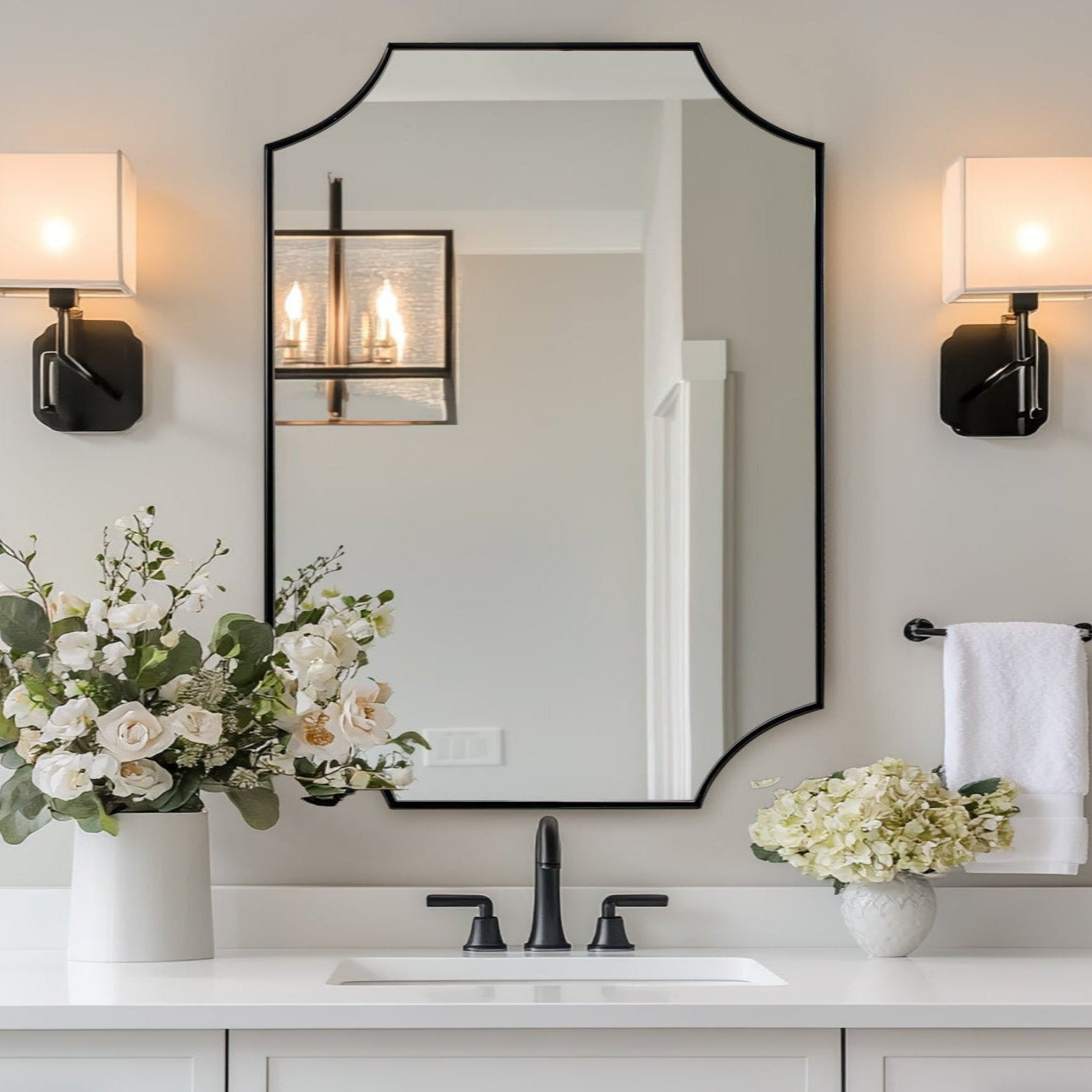 Contemporary Notched Corner Scalloped  Rectangle Bathroom Vanity Mirror | Stainless Steel Frame