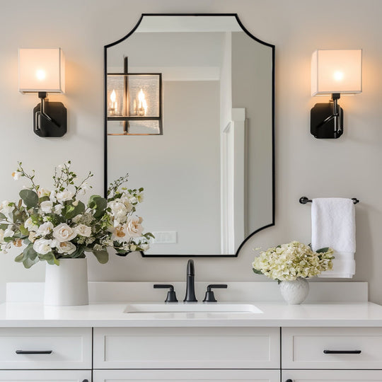 Contemporary  Rounded Notched Corner Scalloped  Rectangle Bathroom Vanity Mirror | Stainless Steel Frame