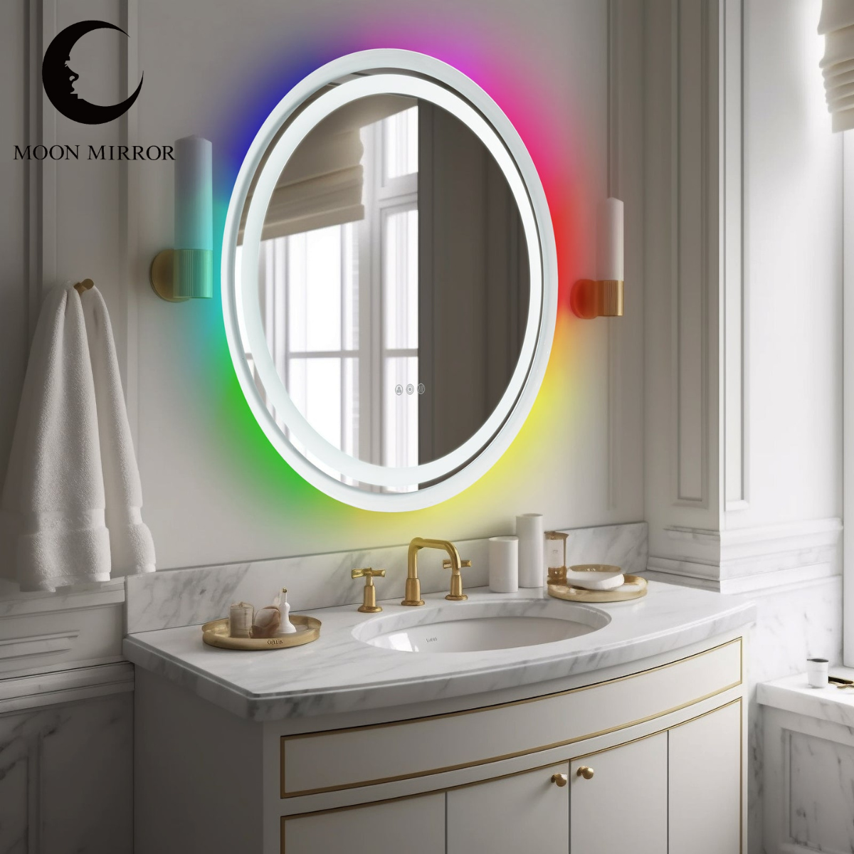 MOON MIRROR Round LED Bathroom Vanity Mirror with Lights,White Framed, Dual Front& Back Lights,Anti-Fog