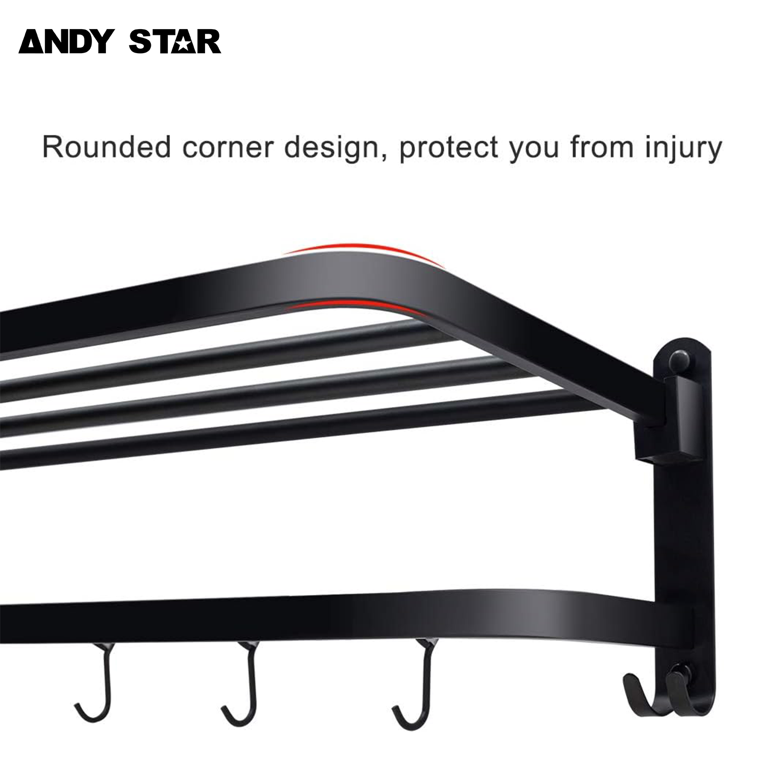 ANDY STAR Bathroom Lavatory Towel Rack, 23.6 Inch SUS 304 Stainless Steel Matte Black Towel Rack with Moveable Hooks Wall Mounted