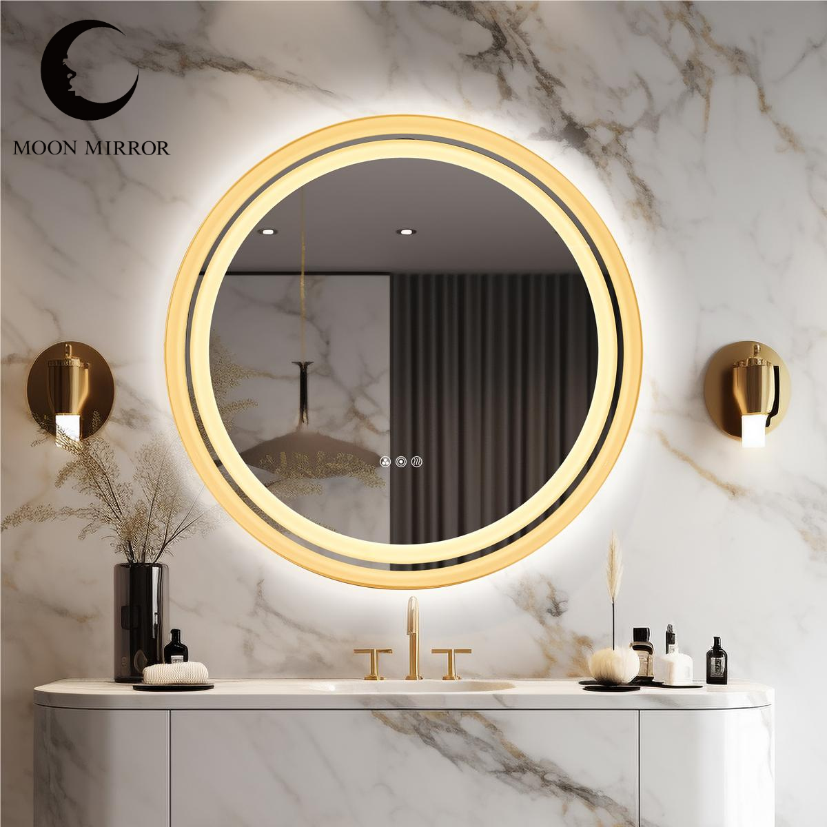 MOON MIRROR Round LED Bathroom Vanity Mirror with Lights,White Framed, Dual Front& Back Lights,Anti-Fog