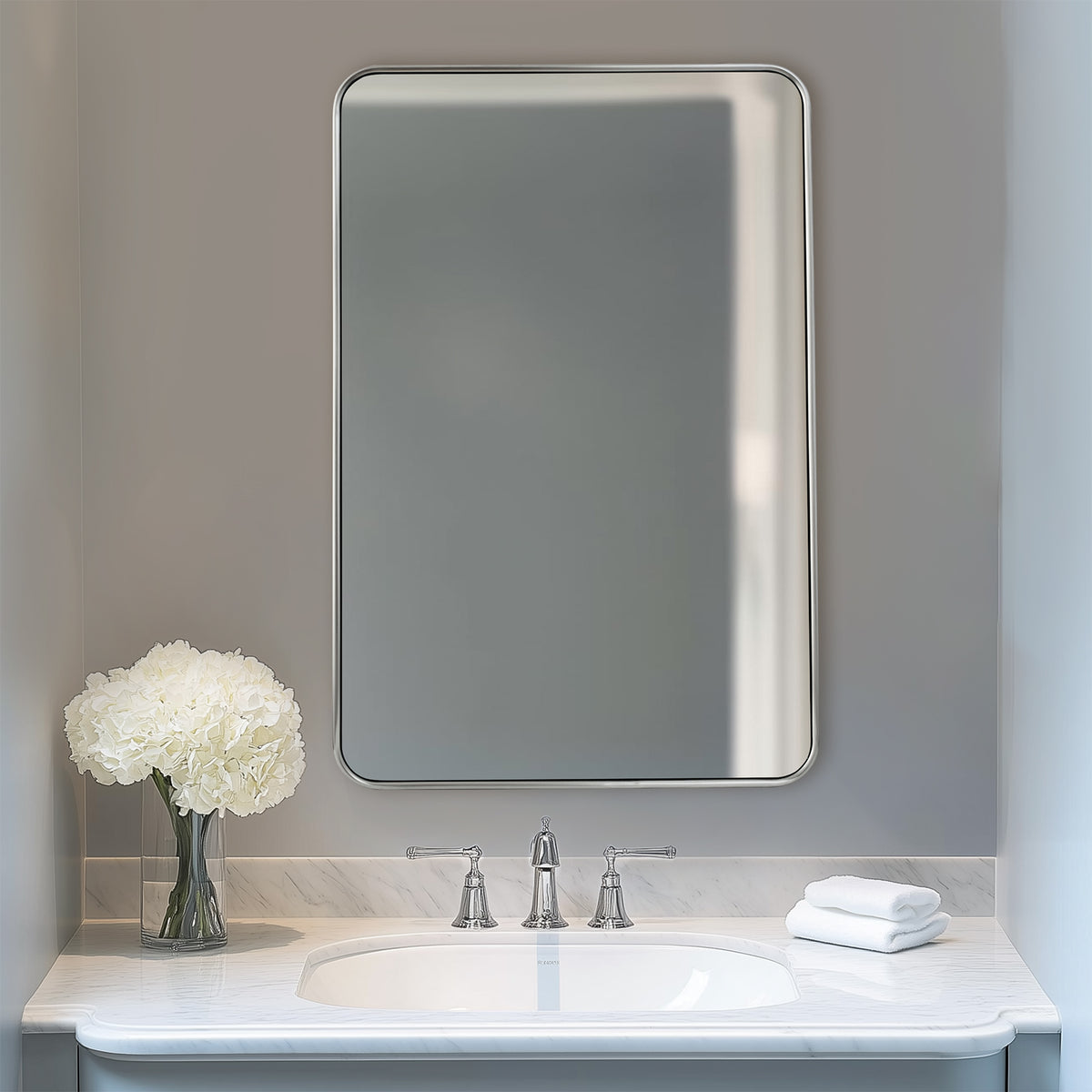 Contemporary Rounded Rectangular Bathroom Mirrors| Stainless Steel Thick Frame