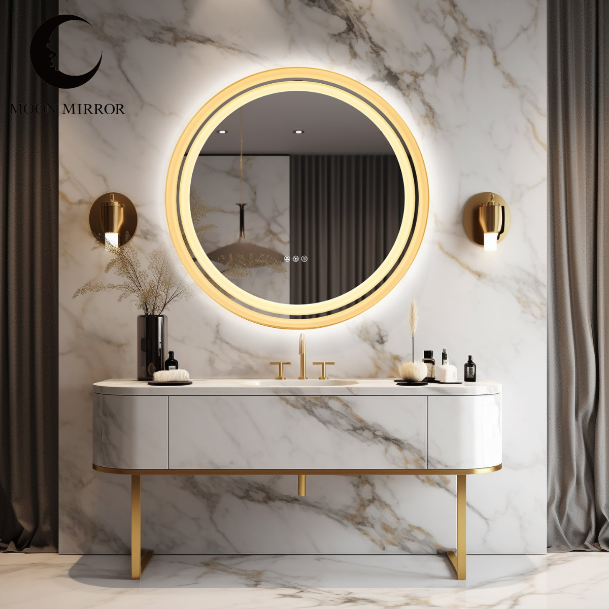 MOON MIRROR Round LED Bathroom Vanity Mirror with Lights,White Framed, Dual Front& Back Lights,Anti-Fog