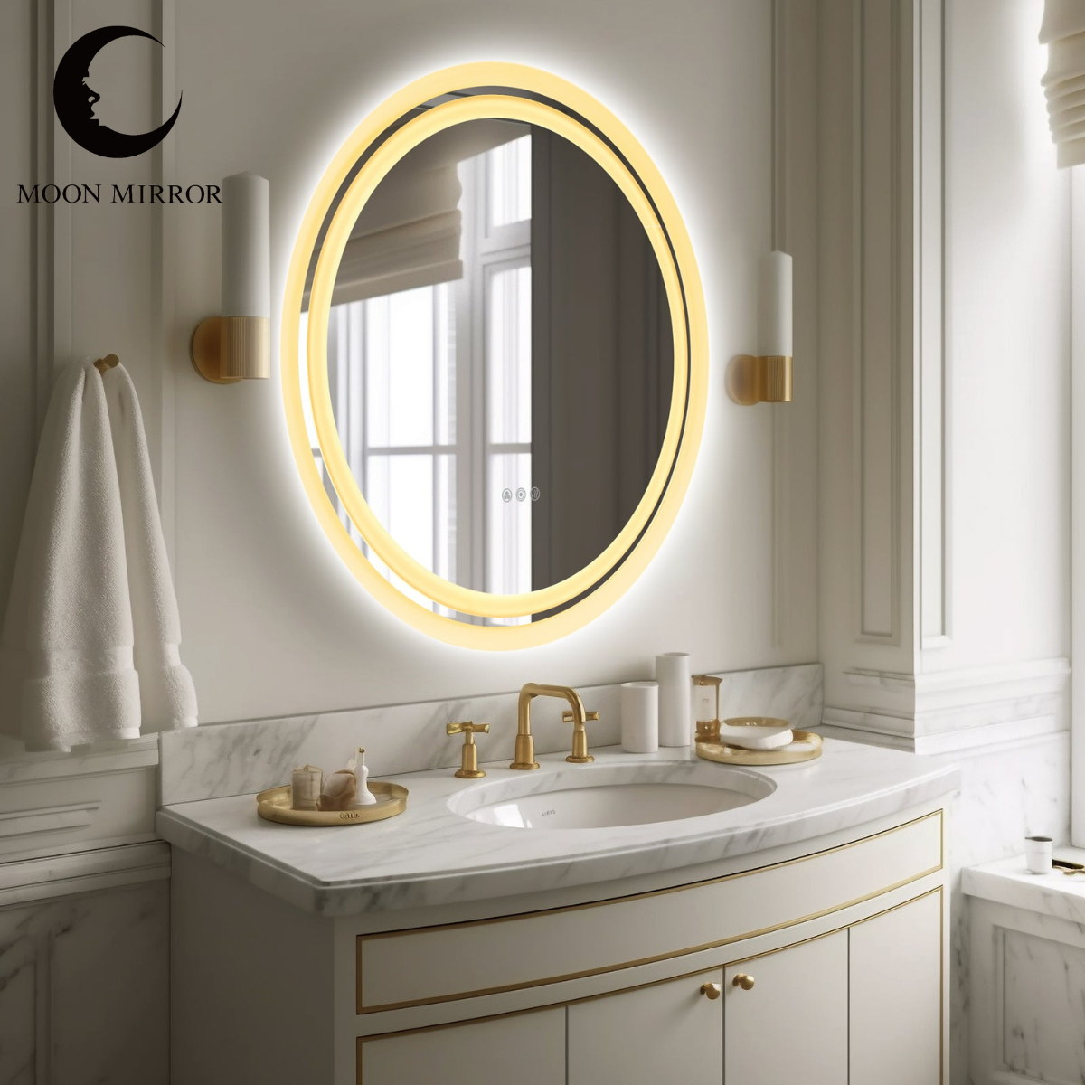 MOON MIRROR Round LED Bathroom Vanity Mirror with Lights,White Framed, Dual Front& Back Lights,Anti-Fog