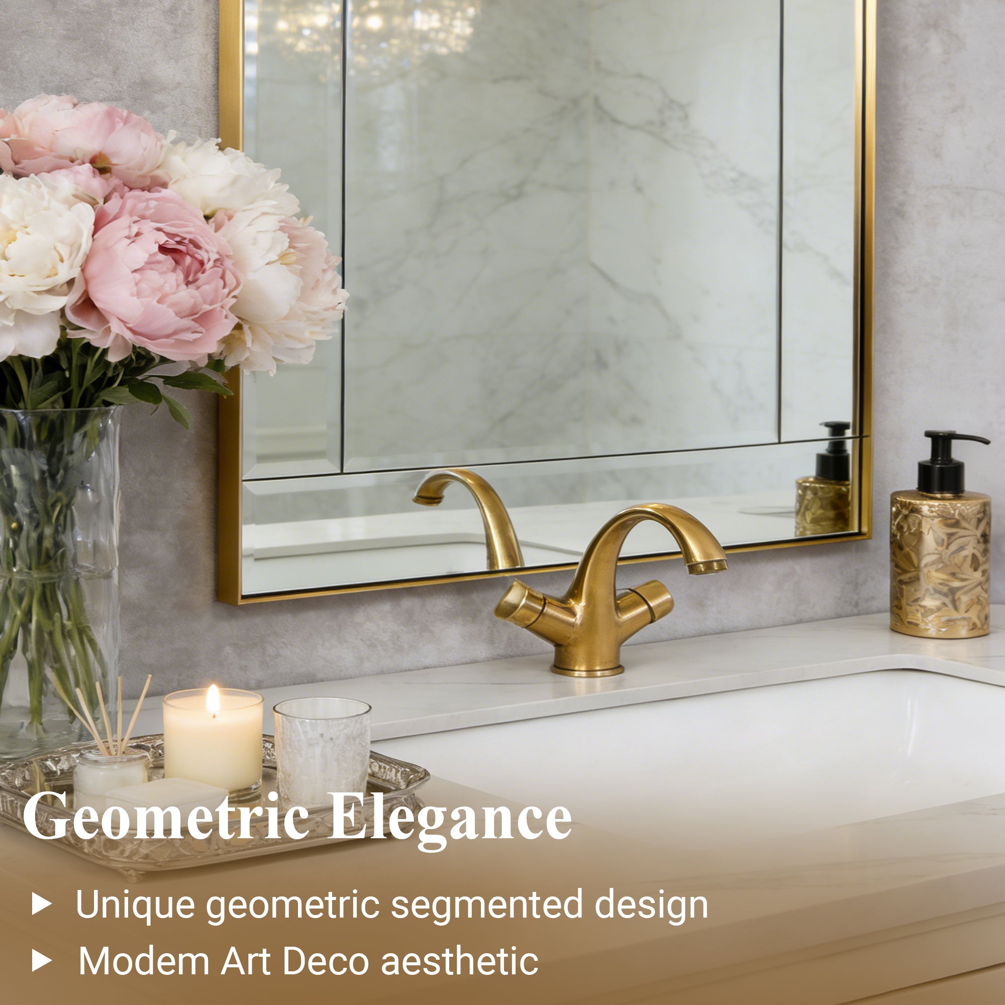 Contemporary Geometric Glass Tile Rectangular Bathroom Vanity Mirror | Stainless Steel Frame