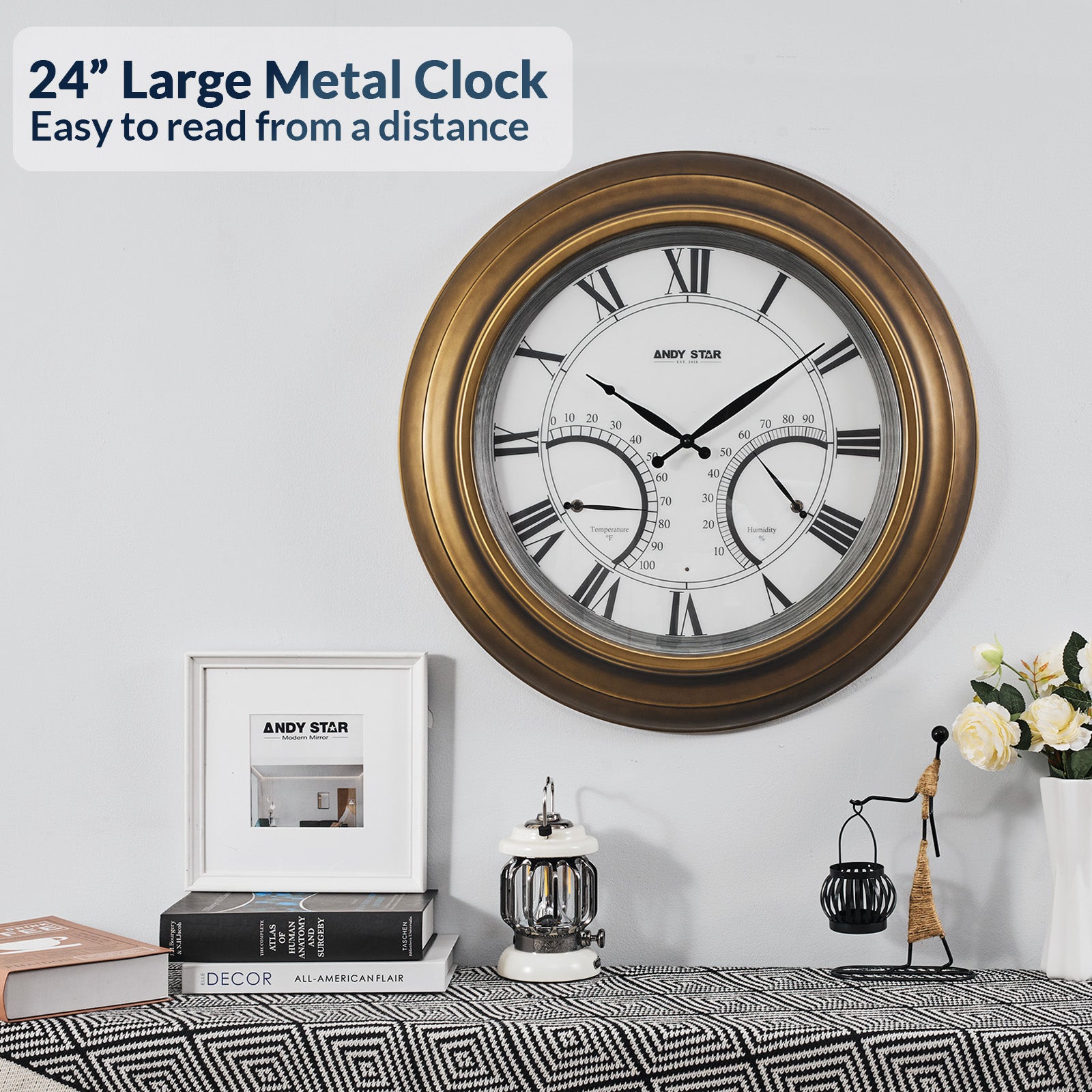 Modern Large Outdoor Wall Clock with Thermometer Waterproof Illuminated,24 Inch