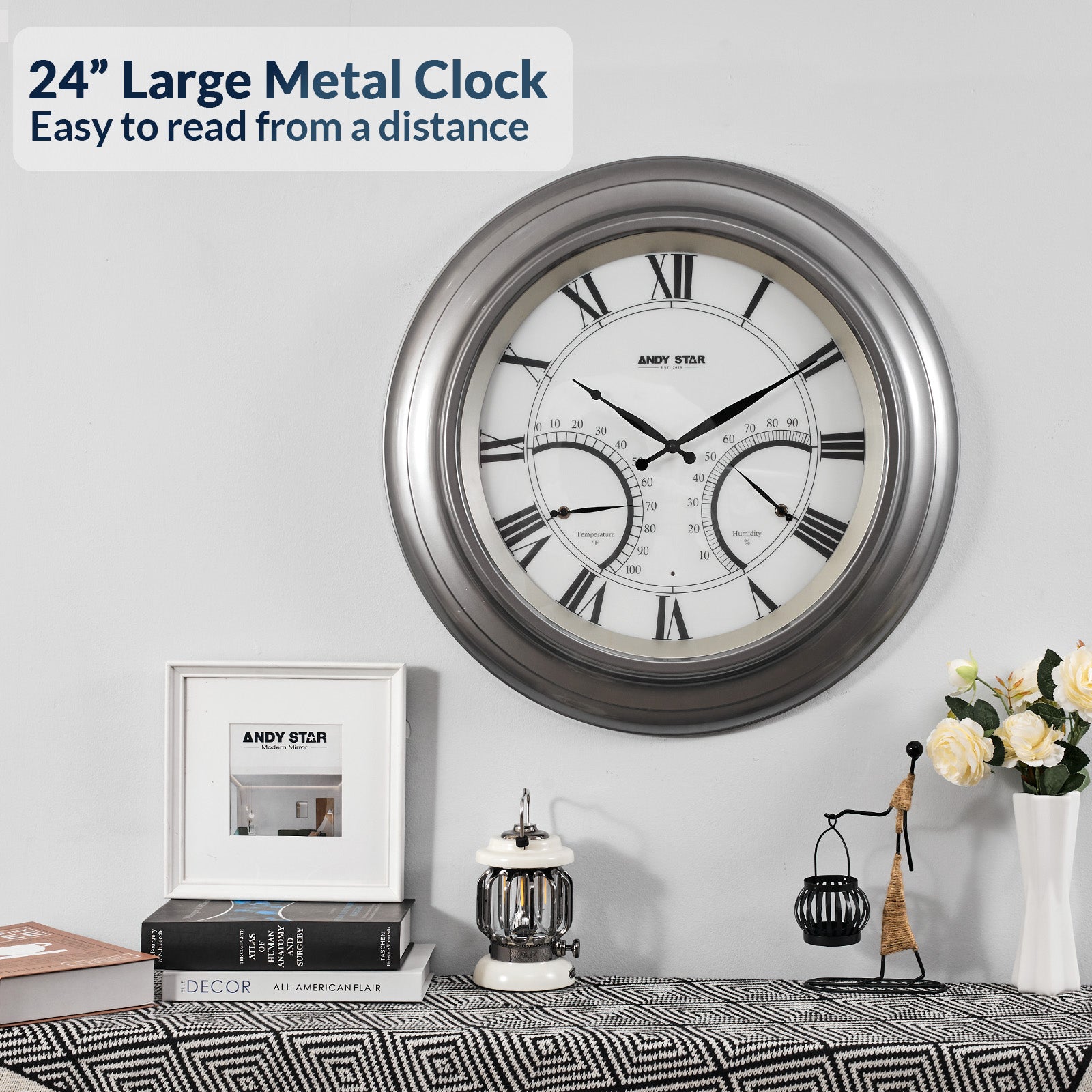 Modern Large Outdoor Wall Clock with Thermometer Waterproof Illuminated,24 Inch