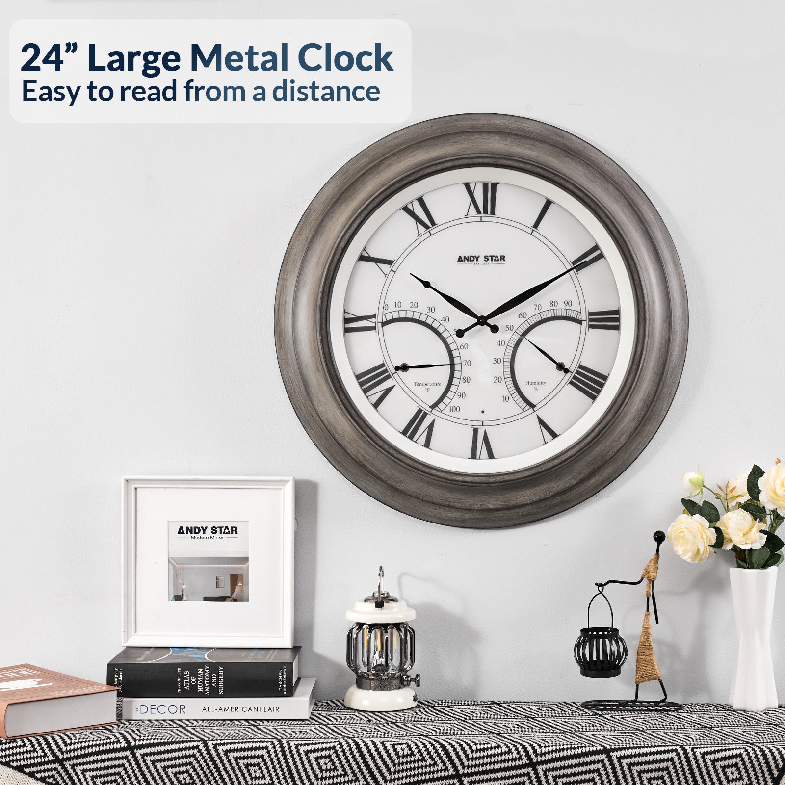 Modern Large Outdoor Wall Clock with Thermometer Waterproof Illuminated,24 Inch