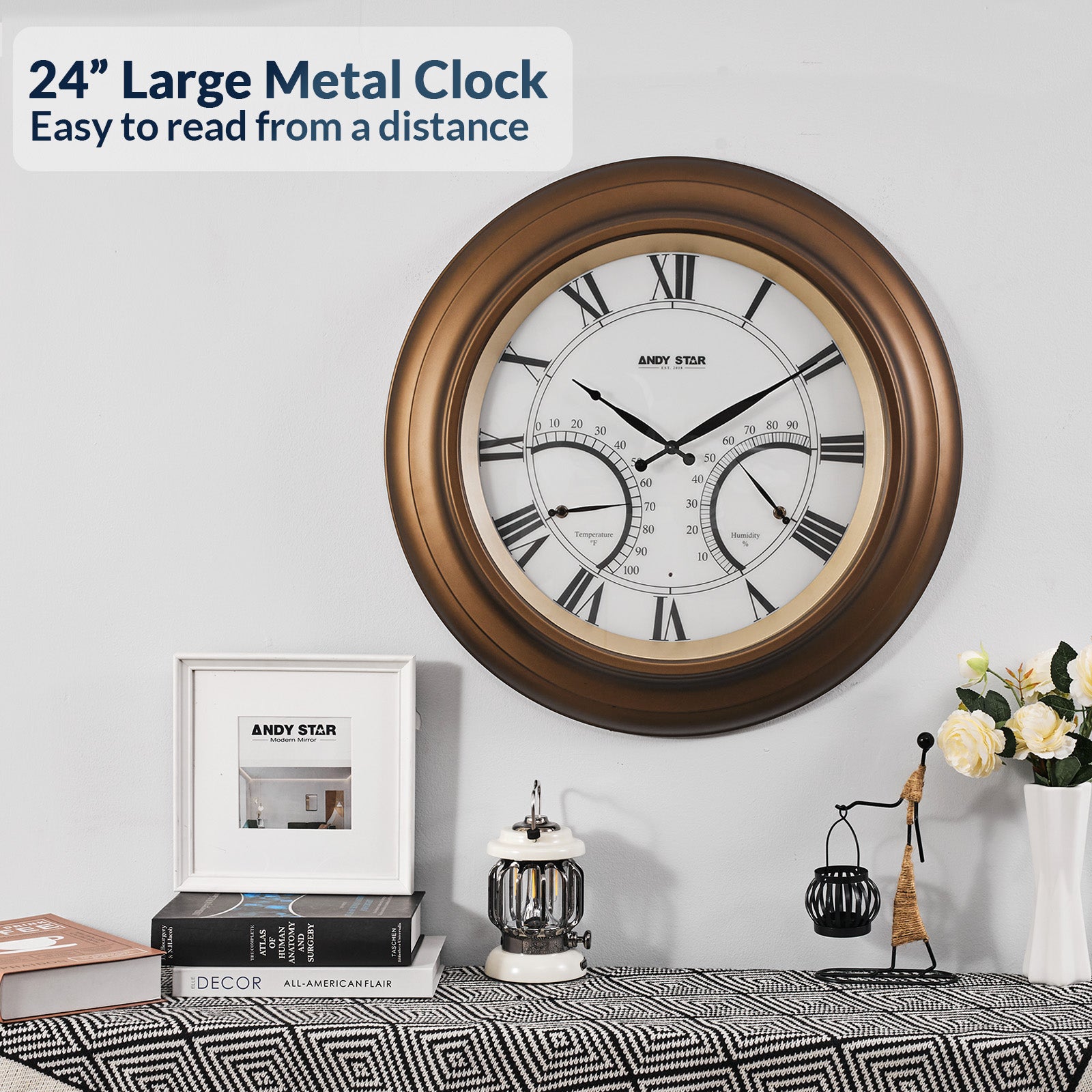 Modern Large Outdoor Wall Clock with Thermometer Waterproof Illuminated,24 Inch