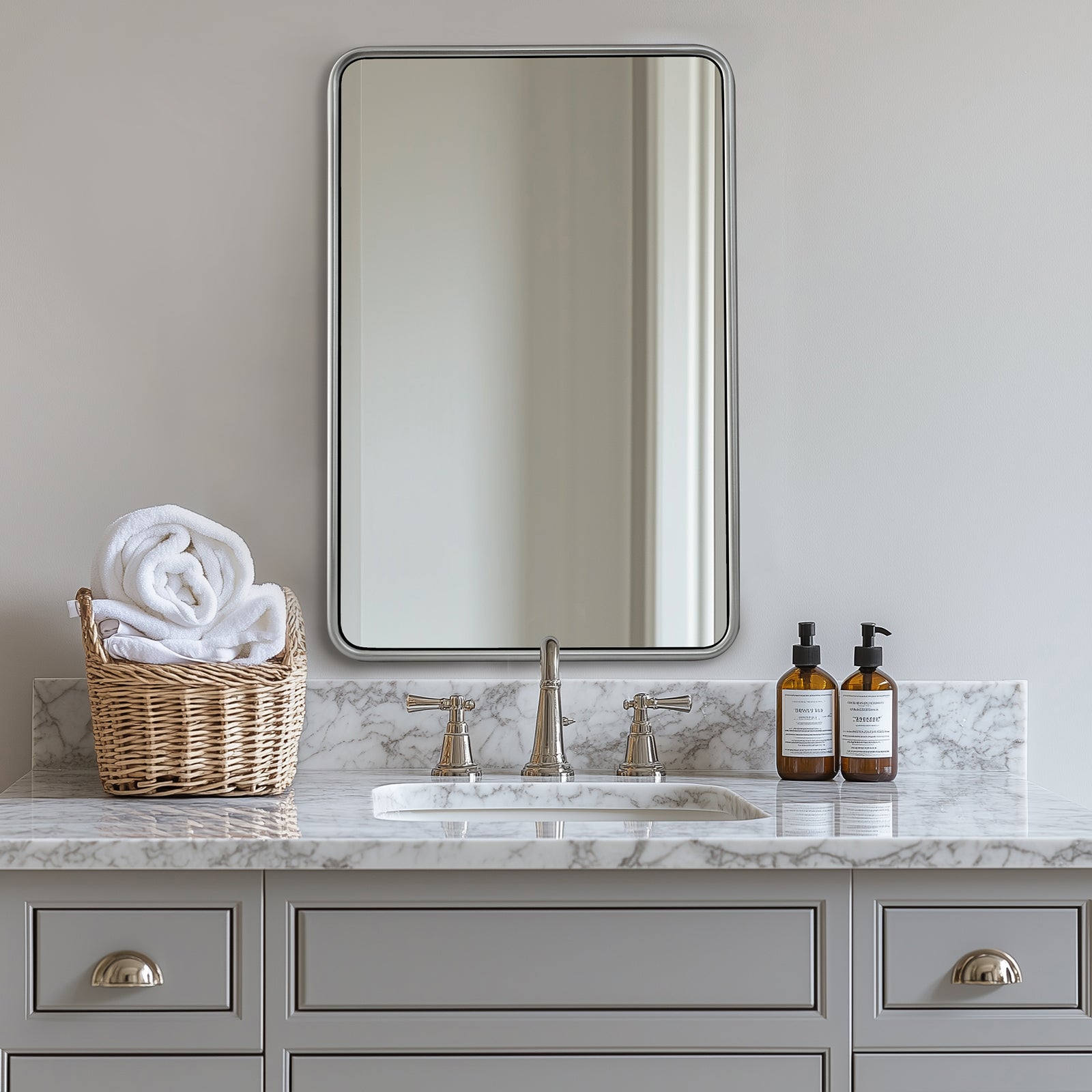 Contemporary Rounded Rectangular Bathroom Mirrors| O-Shaped Tube Stainless Steel Frame