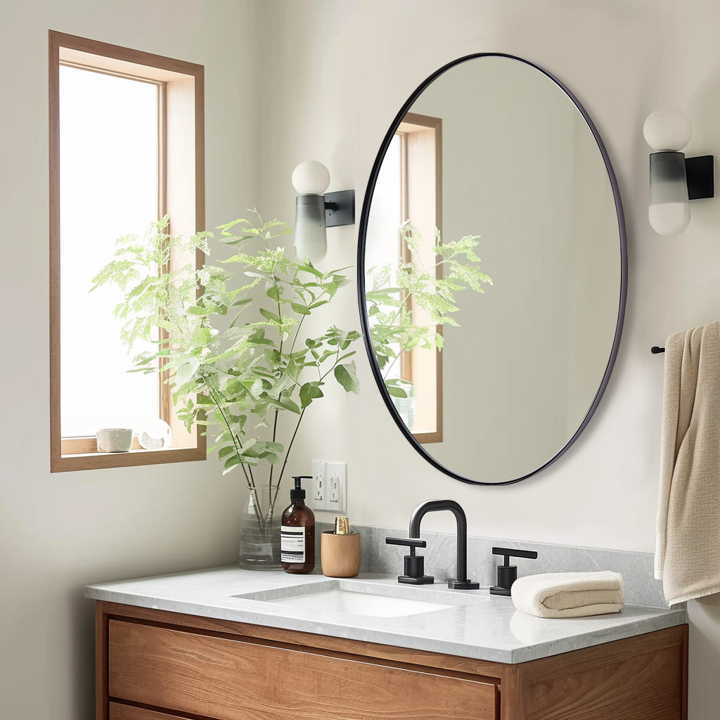 Modern Oval Wall Mounted Mirror for Bathroom Living Room | Stainless Steel Framed