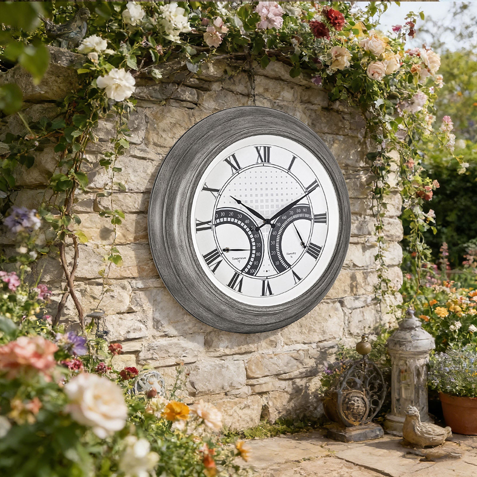 24 Inch Outdoor Wall Clock Large Waterproof Illuminated Clock with Thermometer,Square Grid Dial