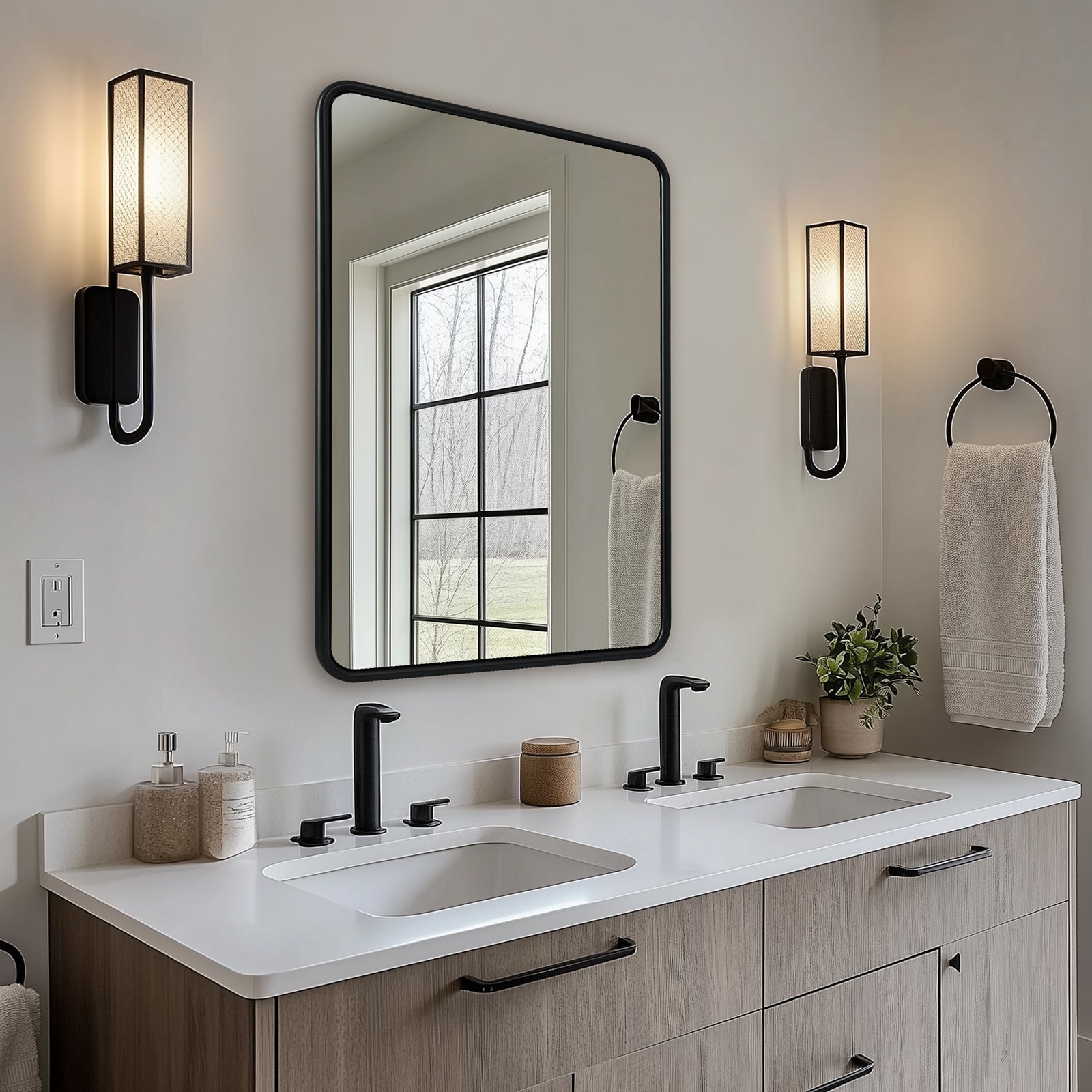 Contemporary Rounded Rectangular Bathroom Mirrors| O-Shaped Tube Stainless Steel Frame