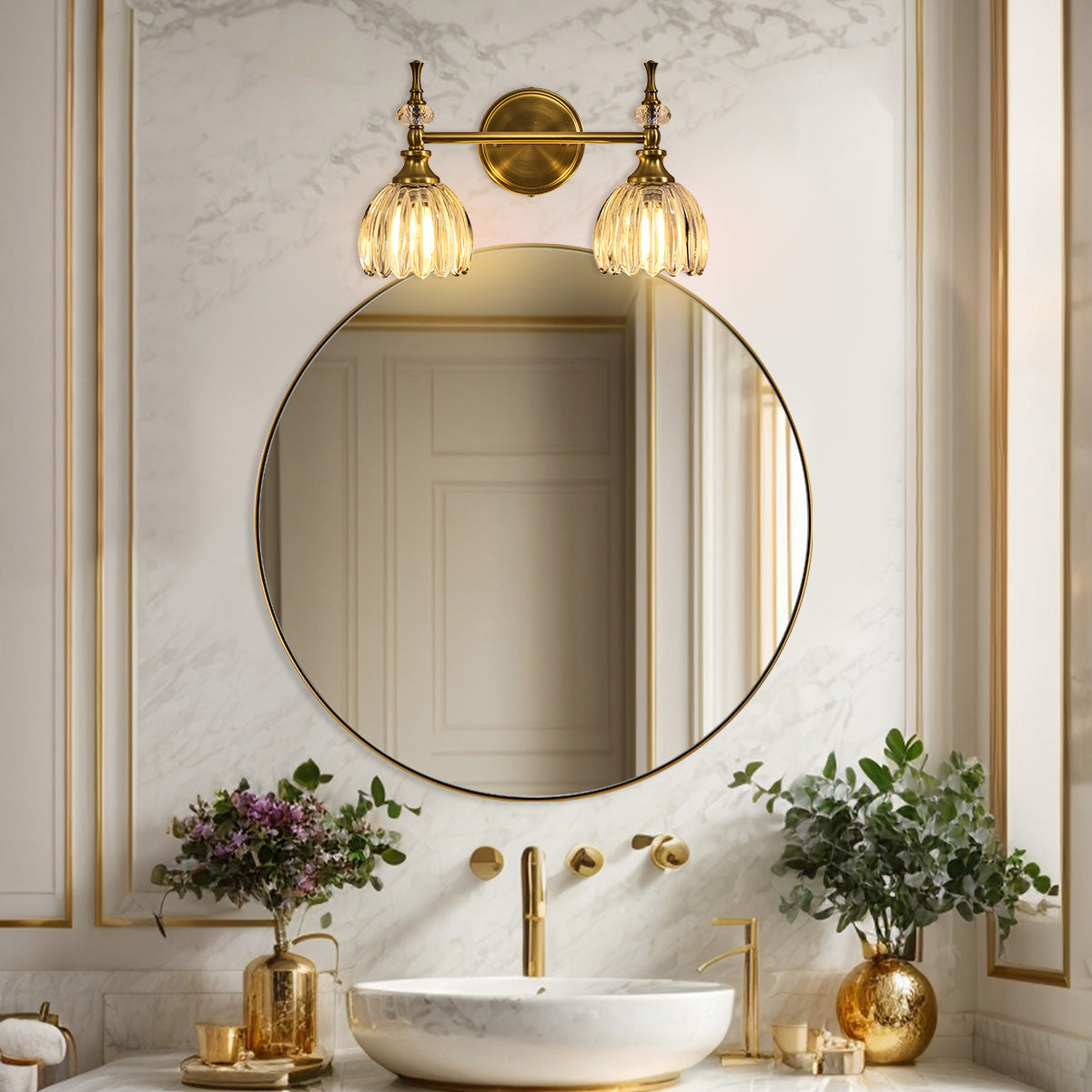 Luxury Gold Wall Sconces Bathroom Vanity Lights with Tulip Glass Shade for Bedroom, Hallway