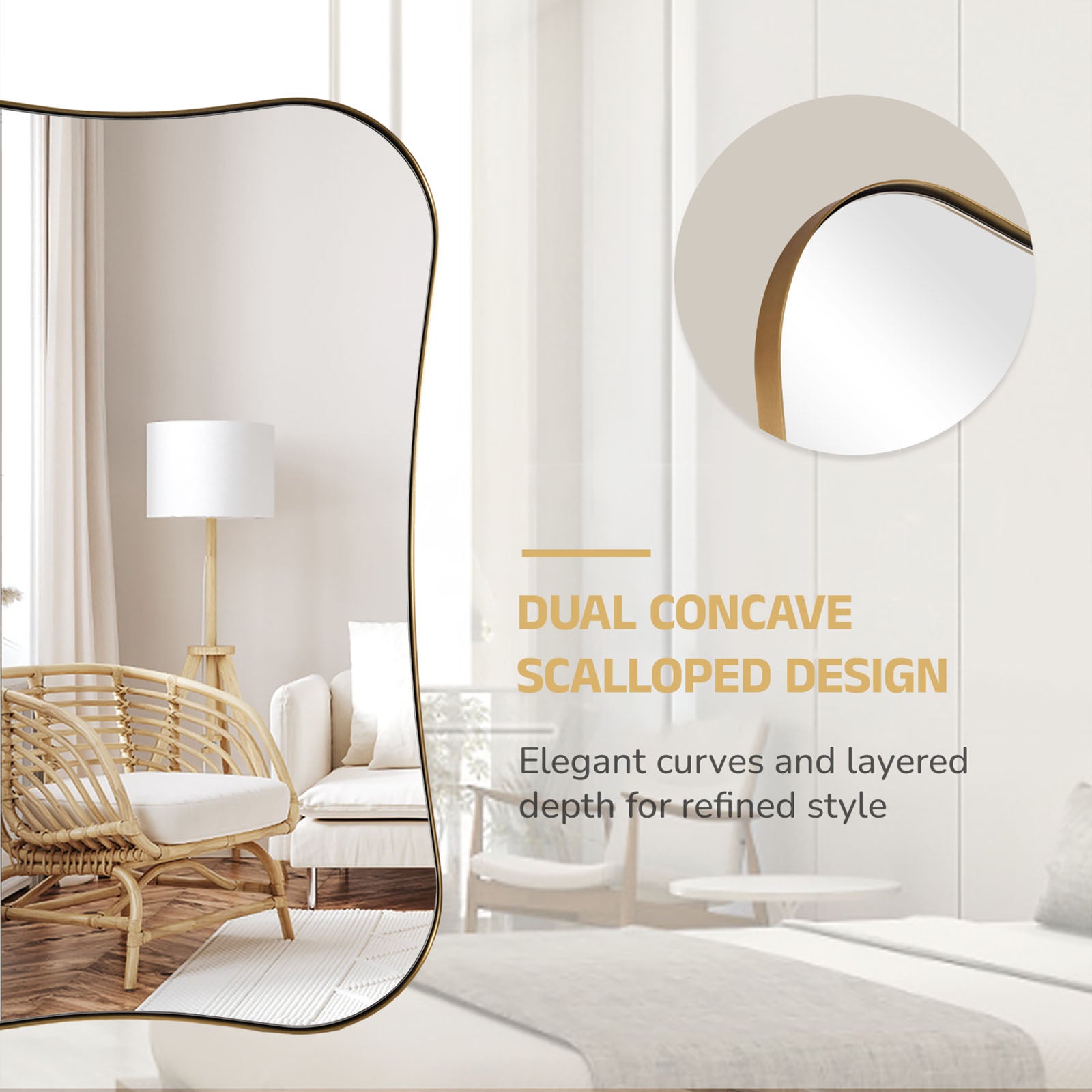 Contemporary Dual  Concave Edge Rouded Scalloped Rectangle Wall Mirror | Stainless Steel Frame