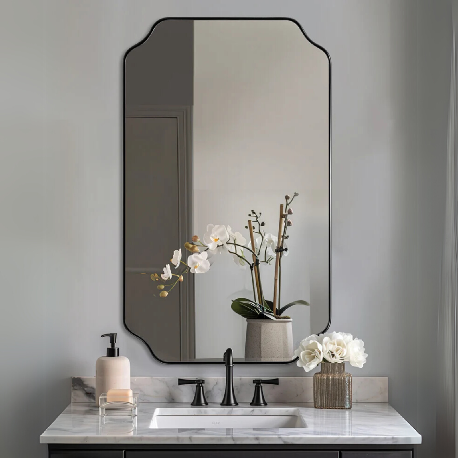 Notched Corner Irregular Scalloped Rectangle Mirrors | Stainless Steel Frame