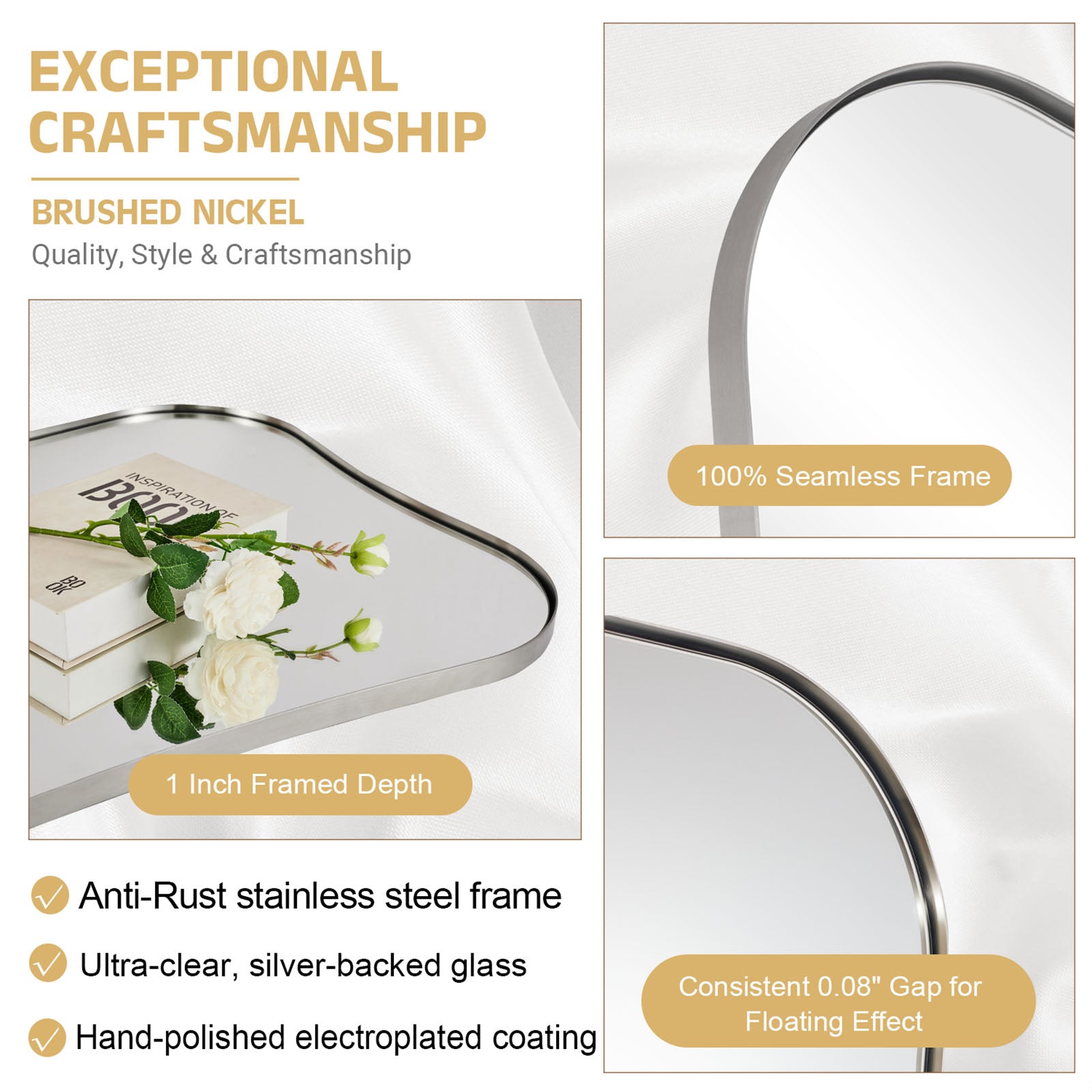 Contemporary Dual  Concave Edge Rouded Scalloped Rectangle Wall Mirror | Stainless Steel Frame