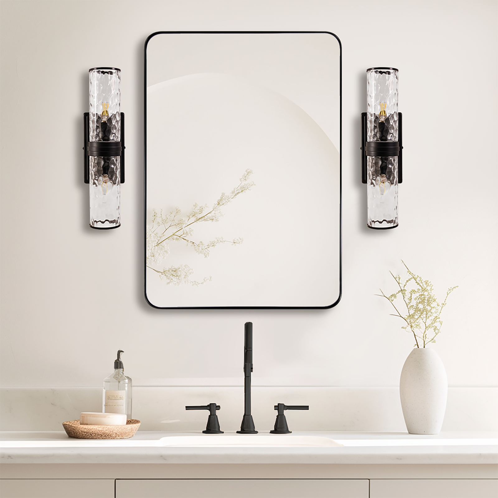 MOON MIRROR Modern Double-Cylinder Hammer Glass Shade Wall Sconce Bathroom Light Fixture