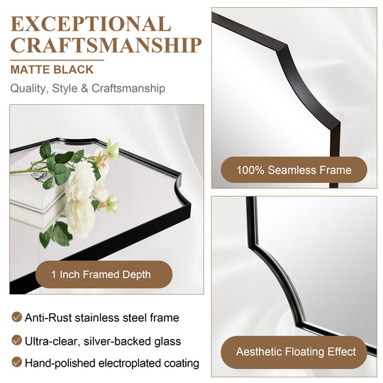 Contemporary Notched Corner Scalloped  Rectangle Bathroom Vanity Mirror | Stainless Steel Frame