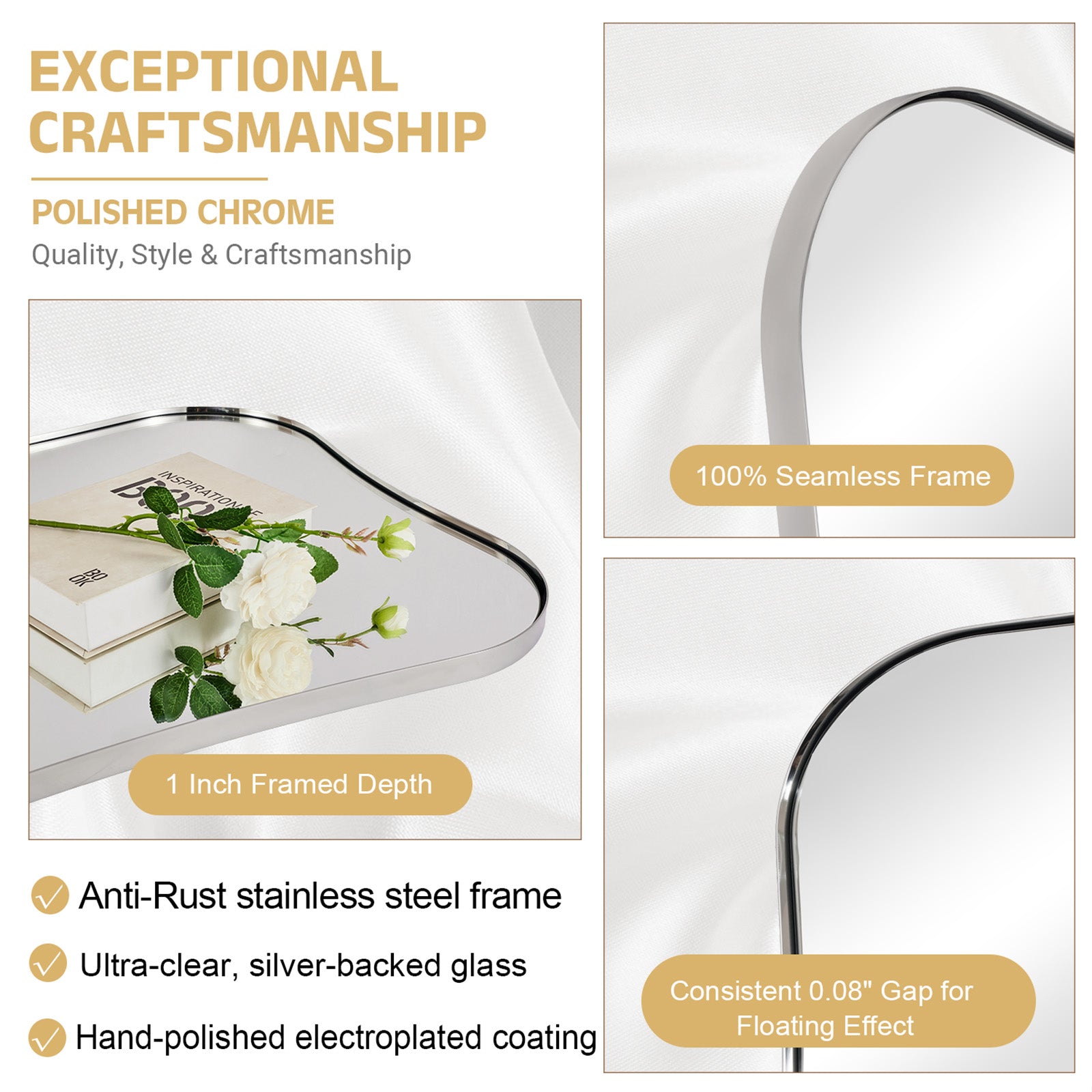 Contemporary Dual  Concave Edge Rouded Scalloped Rectangle Wall Mirror | Stainless Steel Frame