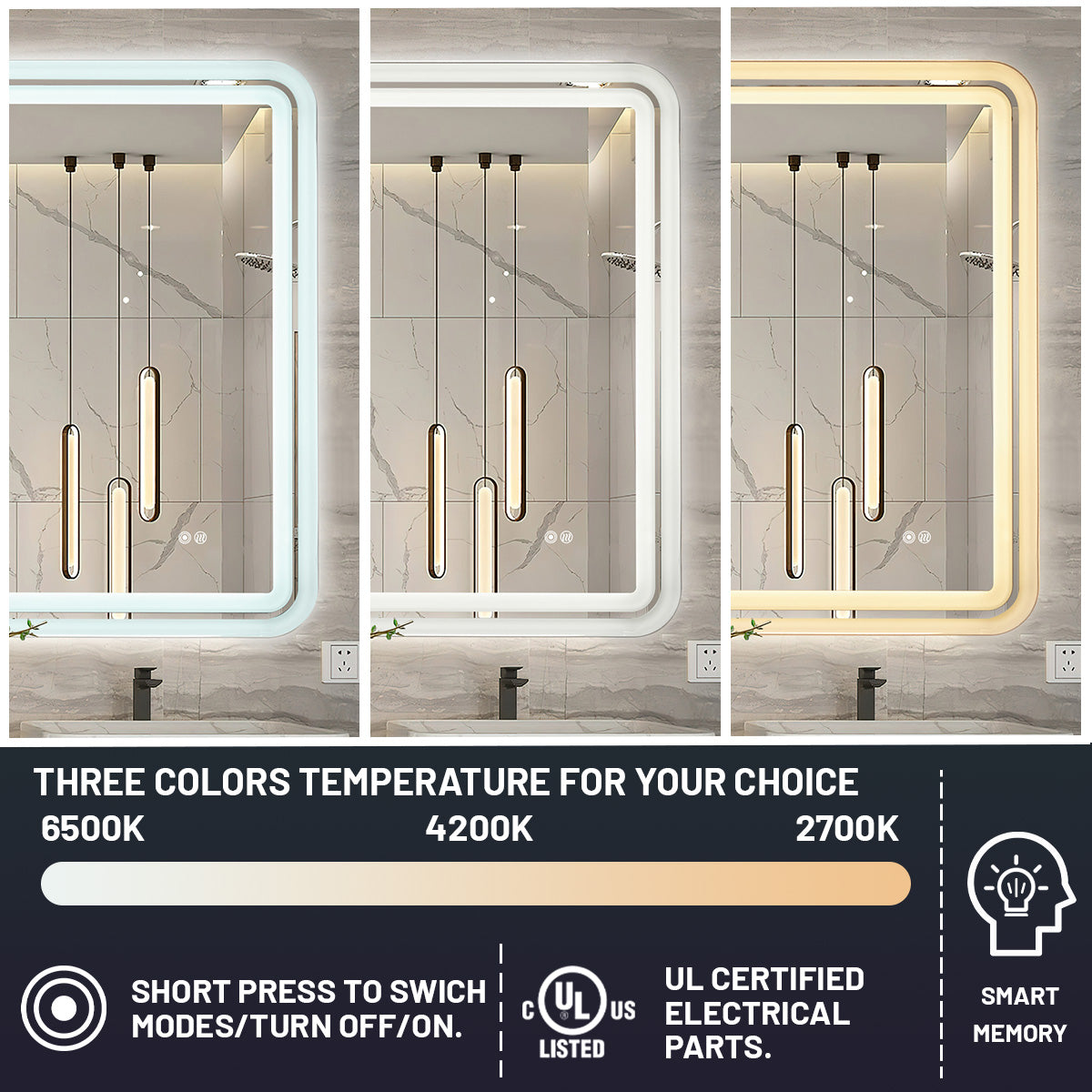 White Framed LED Bathroom Mirror with Lights, Dual Front& Back Lights, Defogging