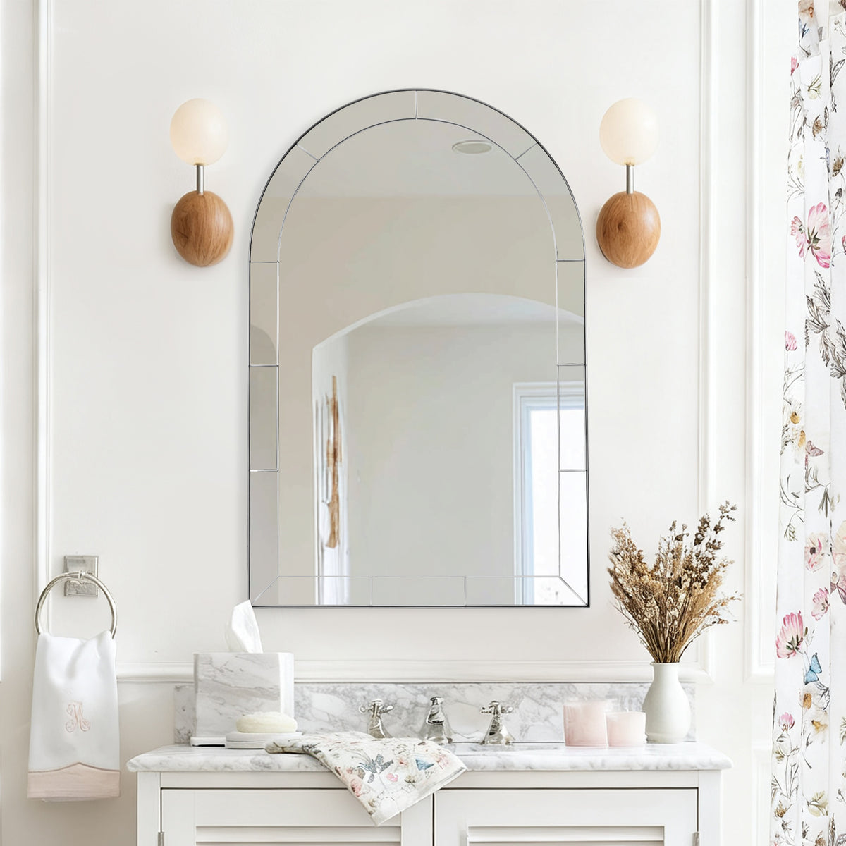 Glass Tile Edge Arched Mirror Bathroom Vanity Mirror | Stainless Steel Frame