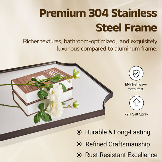 Contemporary Notched Corner Scalloped  Rectangle Bathroom Vanity Mirror | Stainless Steel Frame